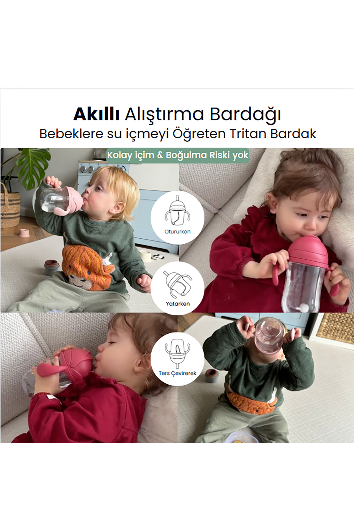 Mininor Tritan Bebek Çocuk Akıllı Alıştırma Bardağı 220 ml - Rose - Sızdırmaz, Akıllı Pipet fotoğrafı 3 (önizleme)