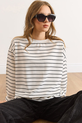 Olalook Kadın Beyaz Çizgili İnce Sweatshirt SWT-19000761