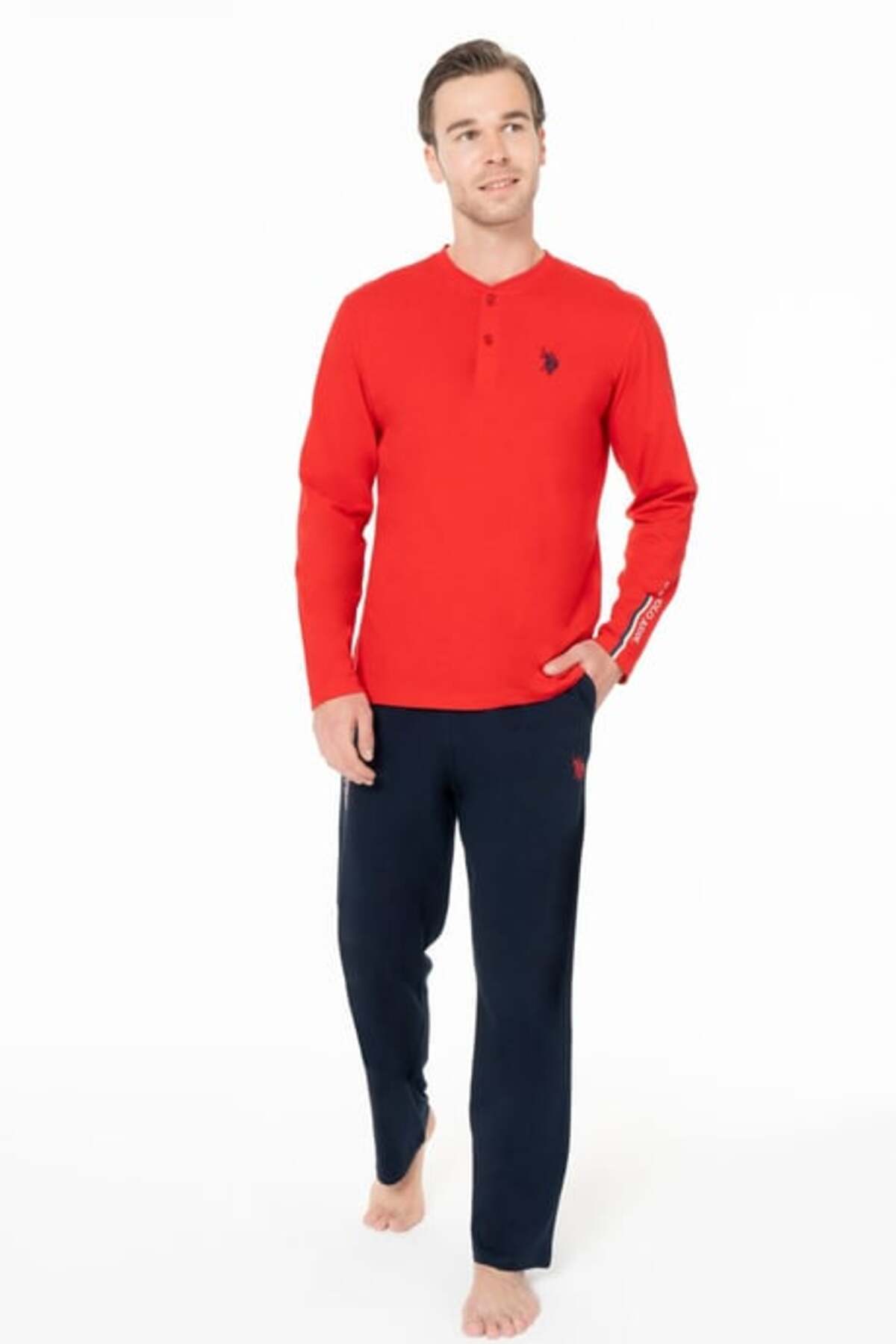 یو اس پولو ست لباس خواب مردانه یقه دکمه‌دار آستین بلند S26959 جیب‌دار