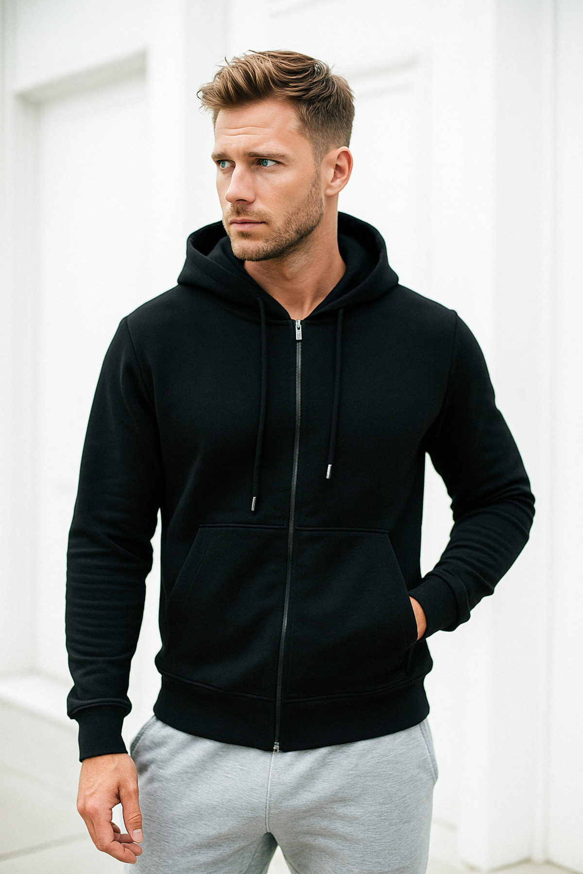 Rich  Erkek Siyah Kapüşonlu Kanguru Cepli Fermuarlı Sweatshirt - Görsel 7