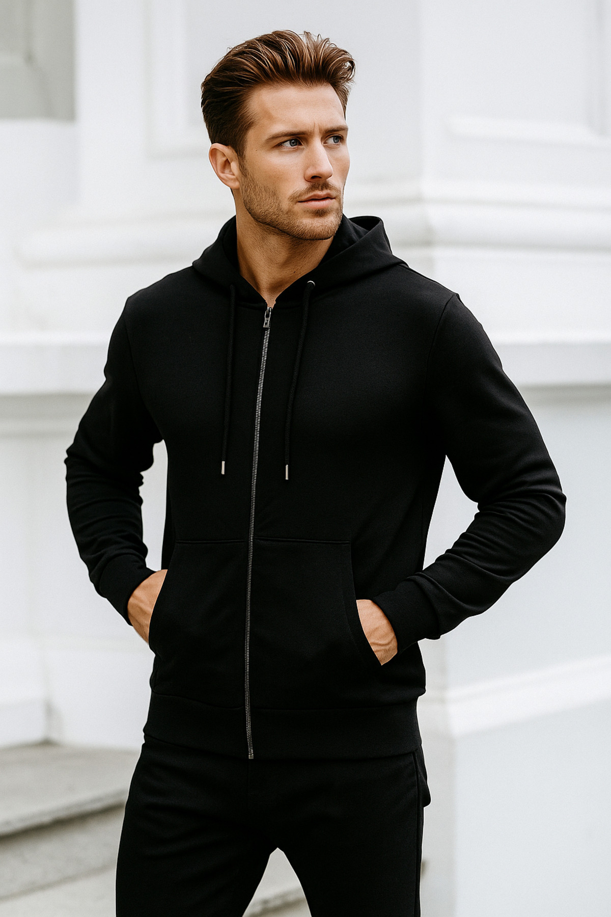 Rich  Erkek Siyah Kapüşonlu Kanguru Cepli Fermuarlı Sweatshirt - Görsel 5