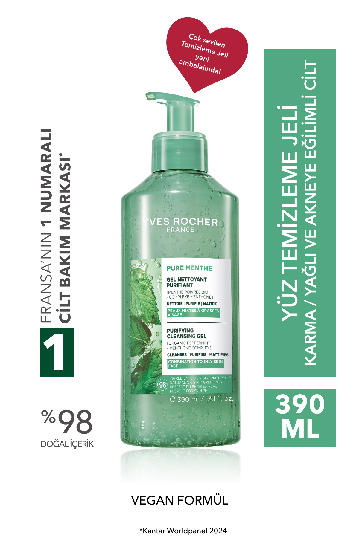 Yves Rocher Yüz Yıkama Jeli-Karma,Yağlı, Eğilimli Cilt-Pure Menthe Arındırıcı Botanik Kompleks 390ml