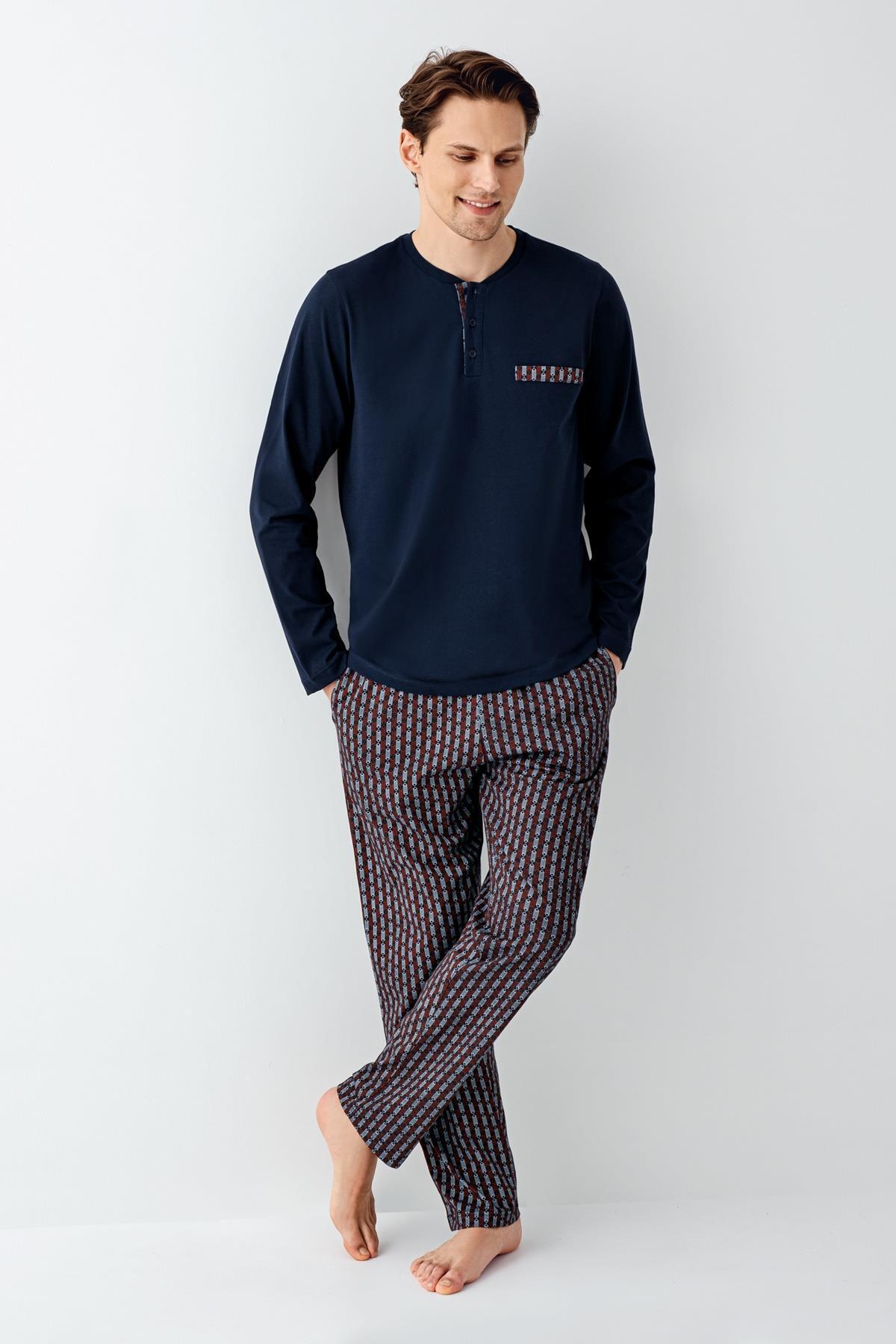 Erkek Lacivert %100 Pamuklu Pijama Takım