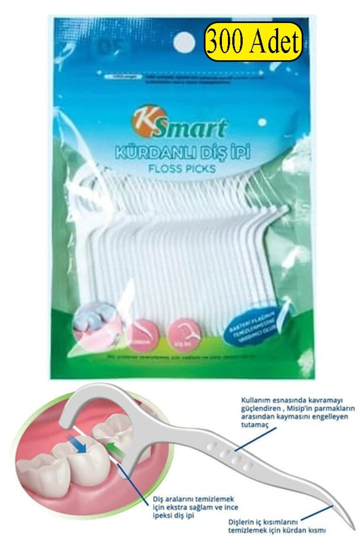 Artlantis Kürdanlı Diş İpi 300 lü 1 Paket Kürdanlı Diş İpi Kürdanı Derinlemesine Diş Arası Temizlik Plak ve Ta