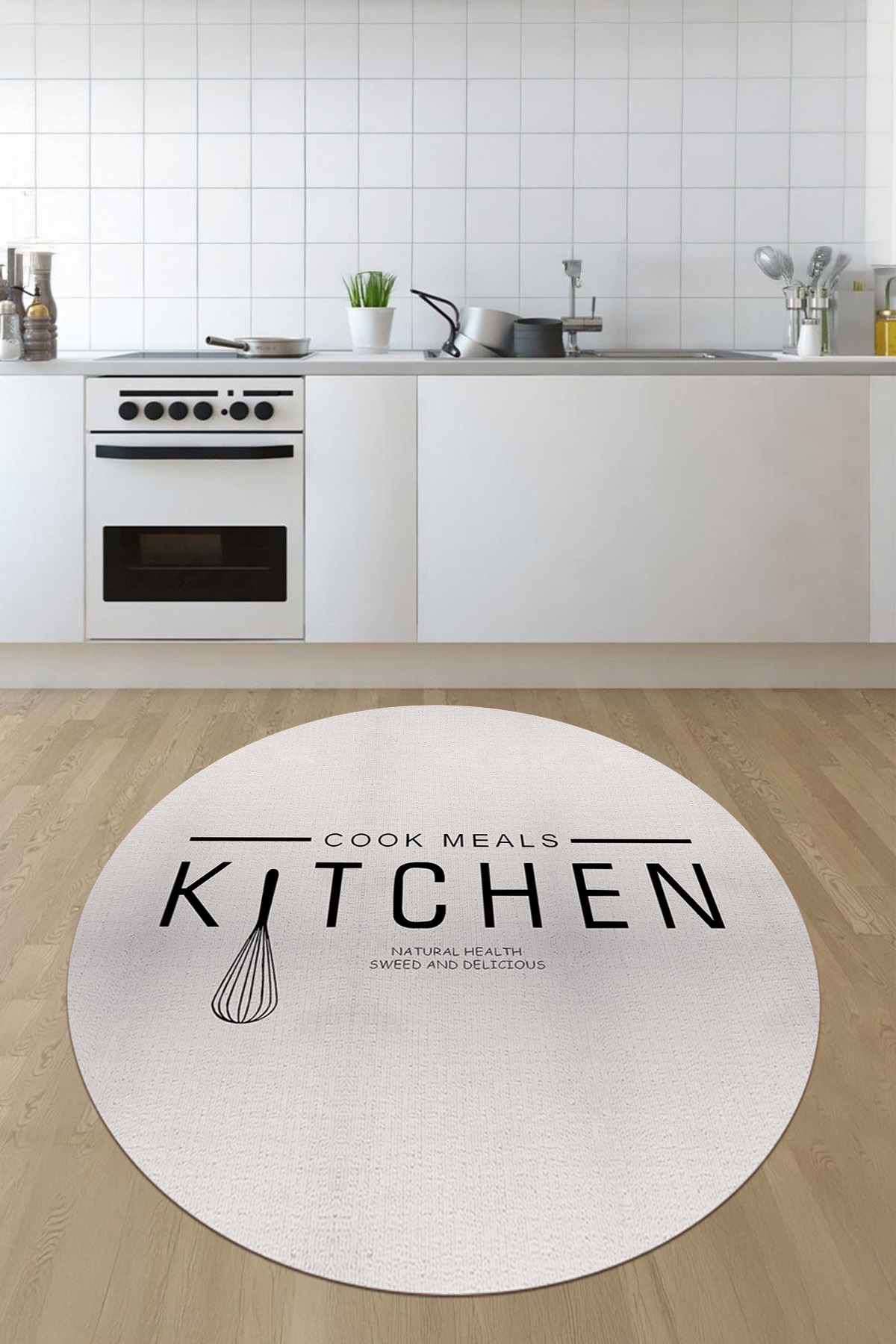 Round Kitchen Rug with Digital Printed Washable and Non-Slip Base Kitchen Text Design
