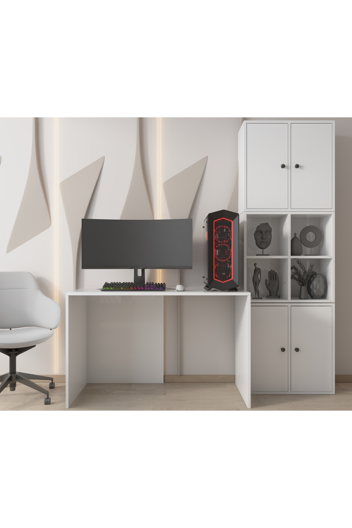 nettrends.net the new trend of shopping Modüler Depolama Kuleli Oyuncu Çalışma Seti – 120 cm Masa + 4 Kapaklı Dolaplar Beyaz-PNR-OYNM-1001