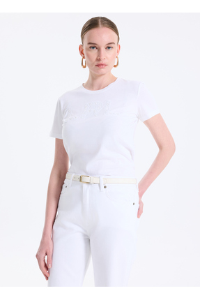 Lauren Ralph Lauren Bisiklet Yaka Baskılı Beyaz Kadın T-Shirt 200971071