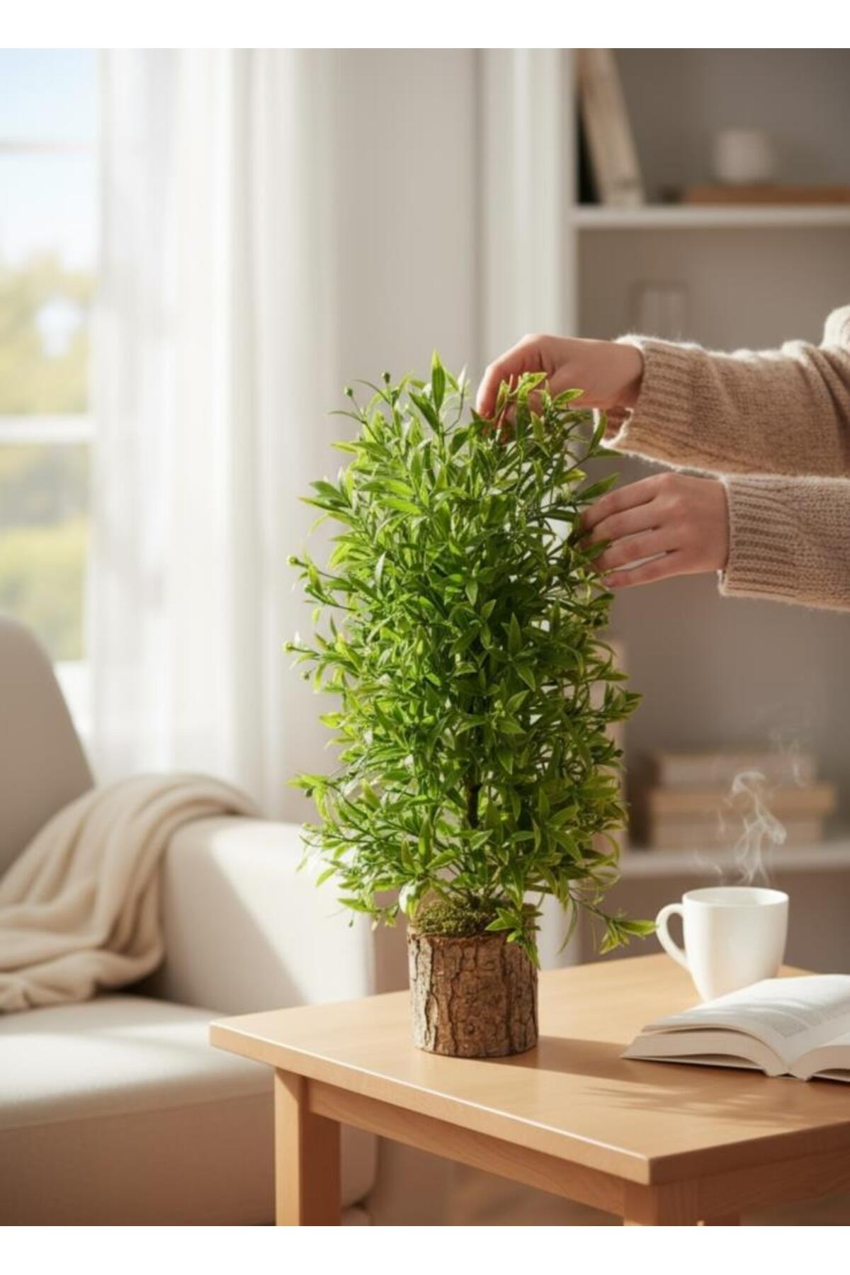 Nettenevime Yapay Çiçek Kütük Saksıda Plastik Zeytin Dallı Yeşil