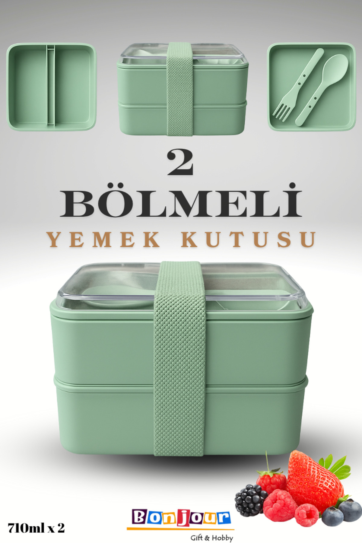 Bonjour Gift & Hobby 2 Bölmeli Kare Taşınabilir Yemek Kabı Lunch Box Diyet Beslenme Kutusu Saklama Kabı Çatal Kaşık