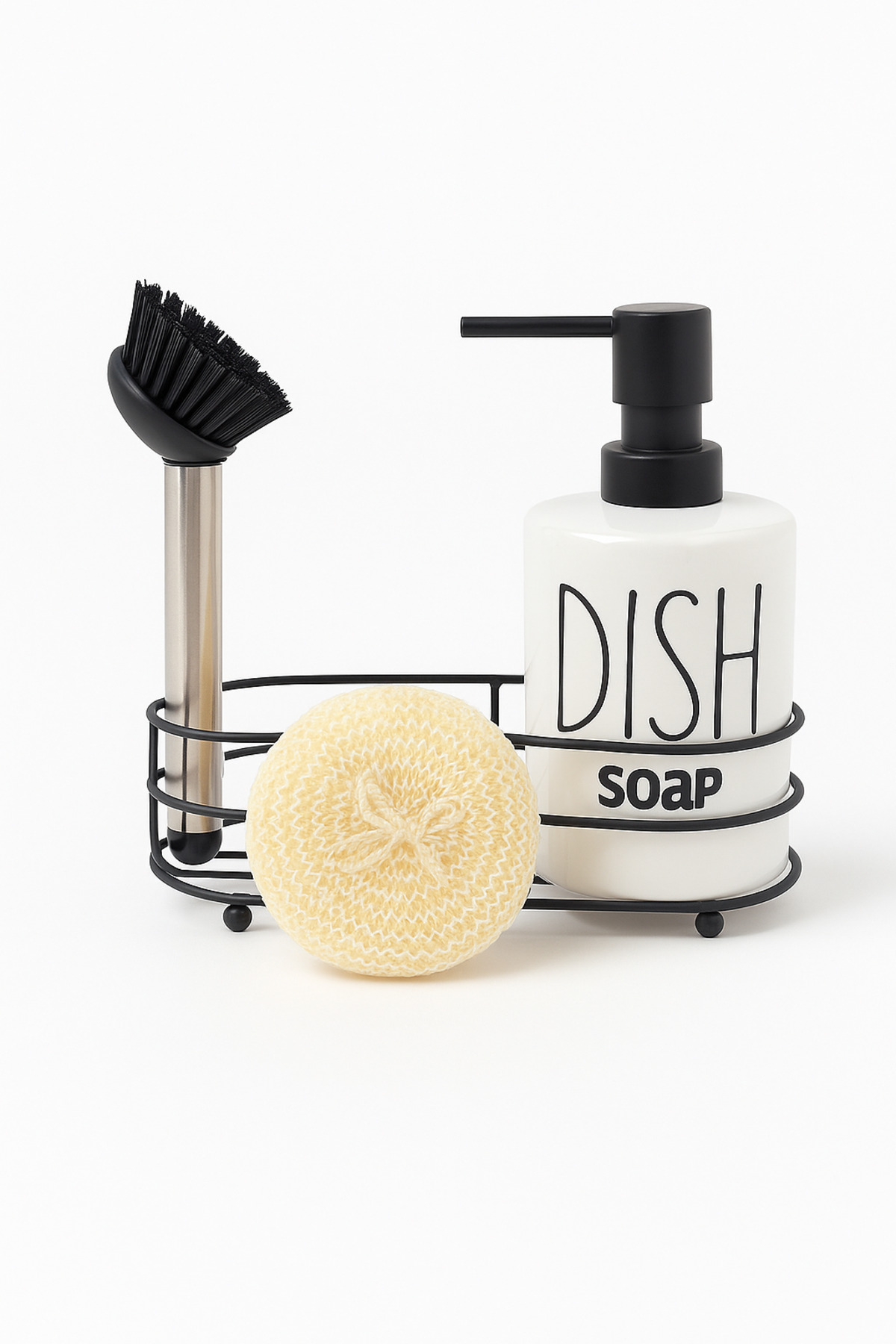 3-Piece Kitchen Detergent Set – Wire Sponge Holder, Pump Soap Dispenser and Dish Brush – Metal Organizer