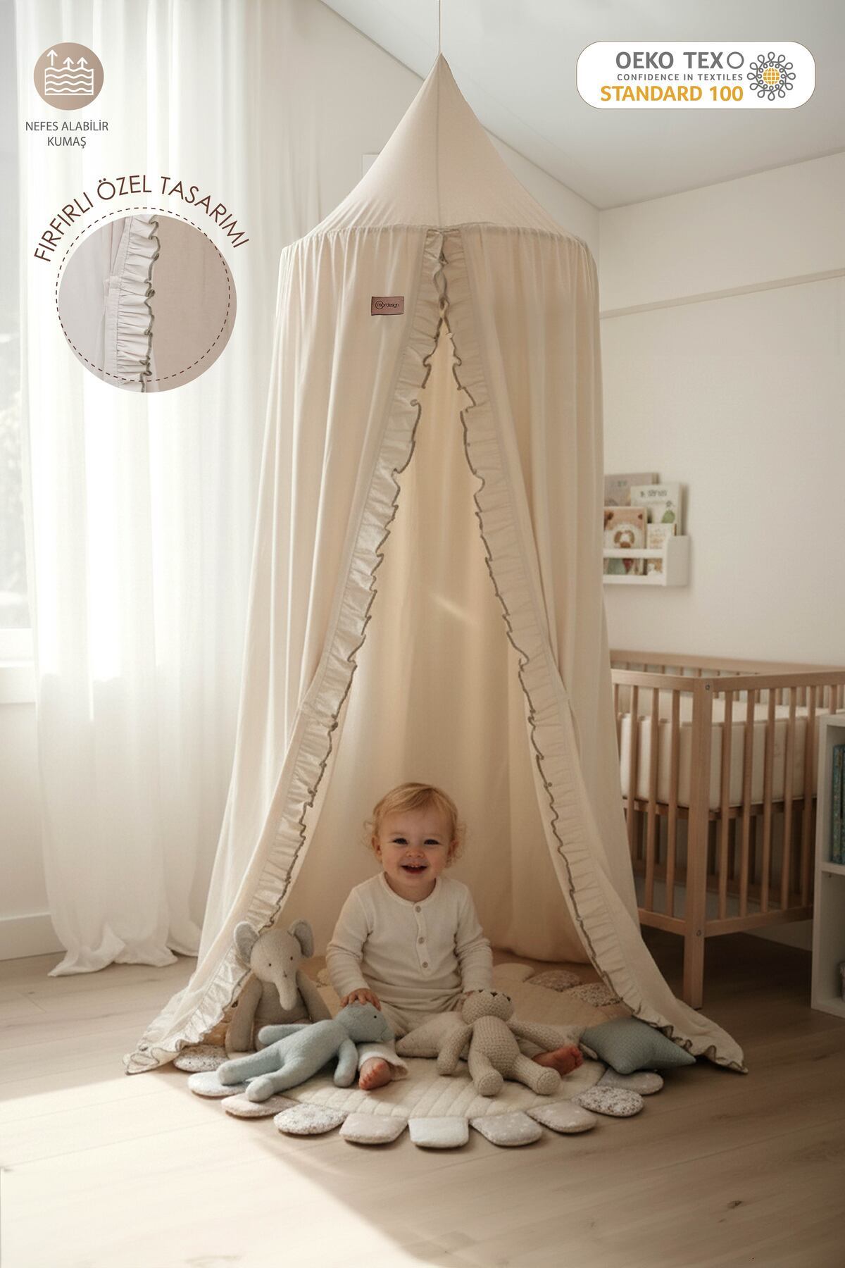 mordesign Fırfır Detaylı %100 Pamuk Kanopi Beşik ve Oyun Alanı İçin Dekoratif Cibinlik