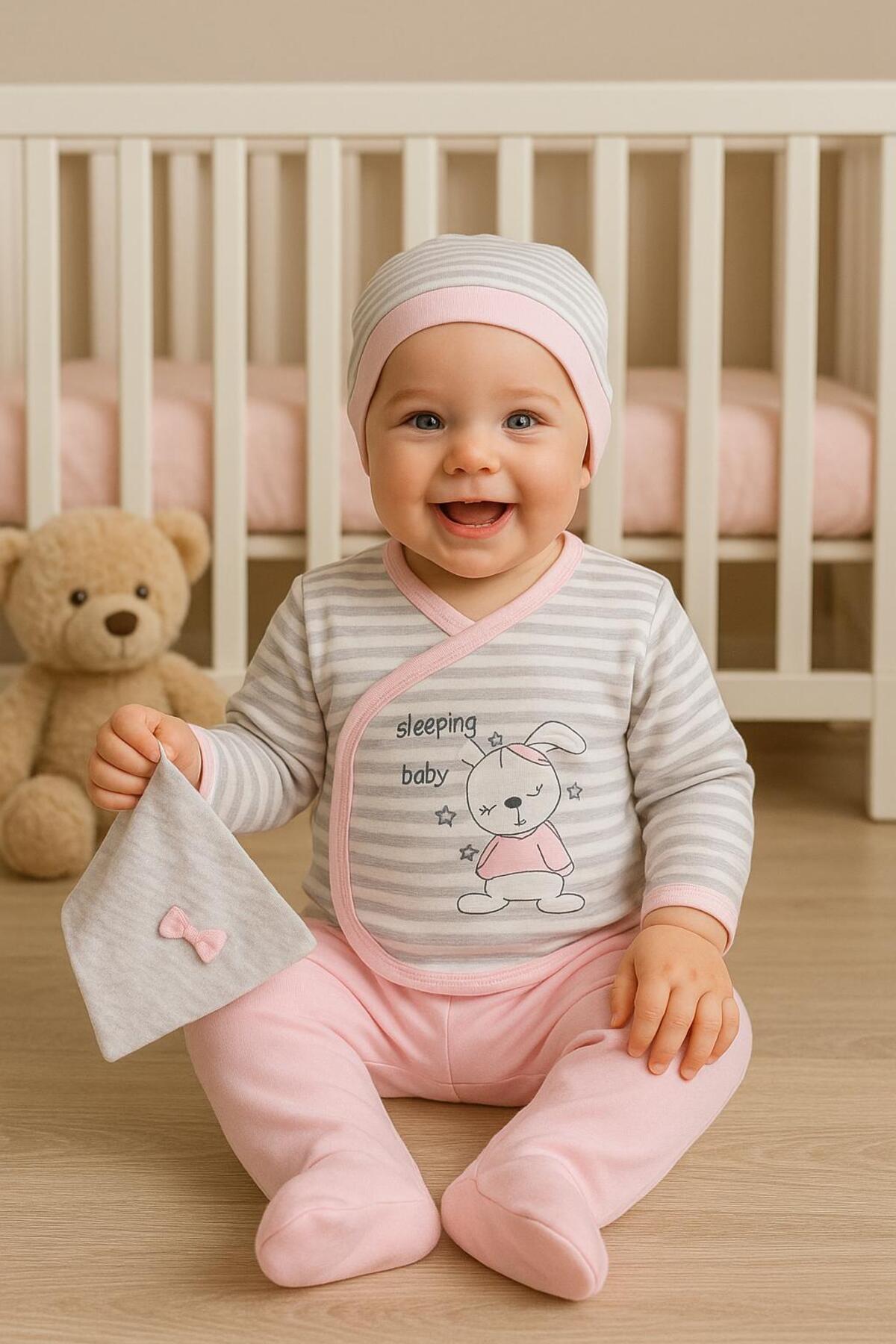BYS BABY FASHION %100 Pamuklu Yenidoğan Kız Bebek Uyuyan Tavşan Desenli 5 Parça Hastane Çıkış Seti ( Kutulu ) fotoğrafı 6 (önizleme)