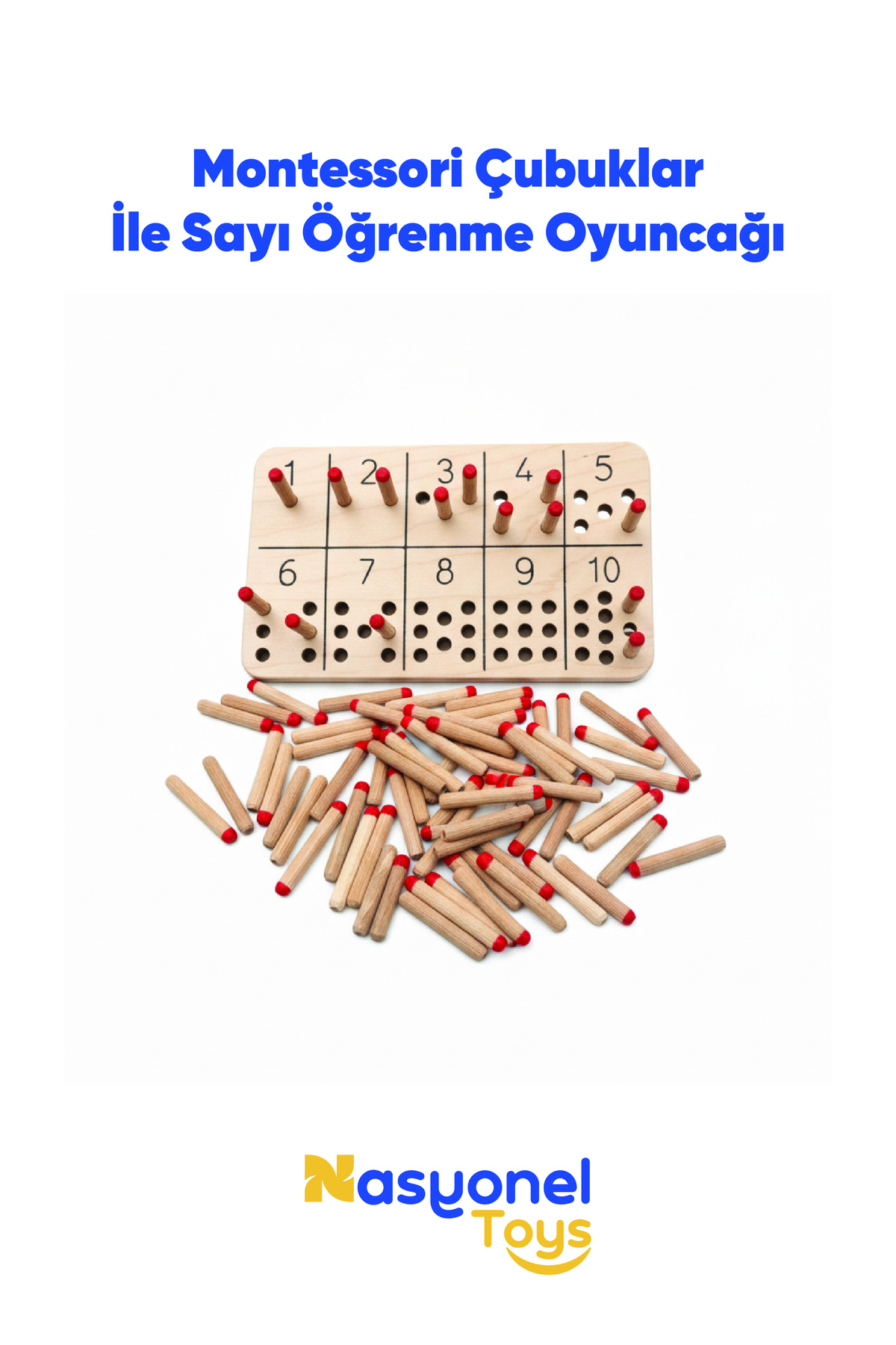 NASYONEL TOYS Montessori Ahşap Sayı Öğrenme Oyuncağı-55 Parça Sayı Çubuğu ve Tahta–Eğitici Ahşap Set–Nasyonel Toys