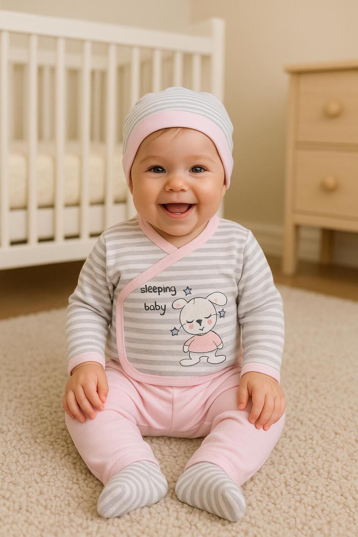 BYS BABY FASHION %100 Pamuklu Yenidoğan Kız Bebek Uyuyan Tavşan Desenli 5 Parça Hastane Çıkış Seti ( Kutulu ) fotoğrafı 3 (önizleme)