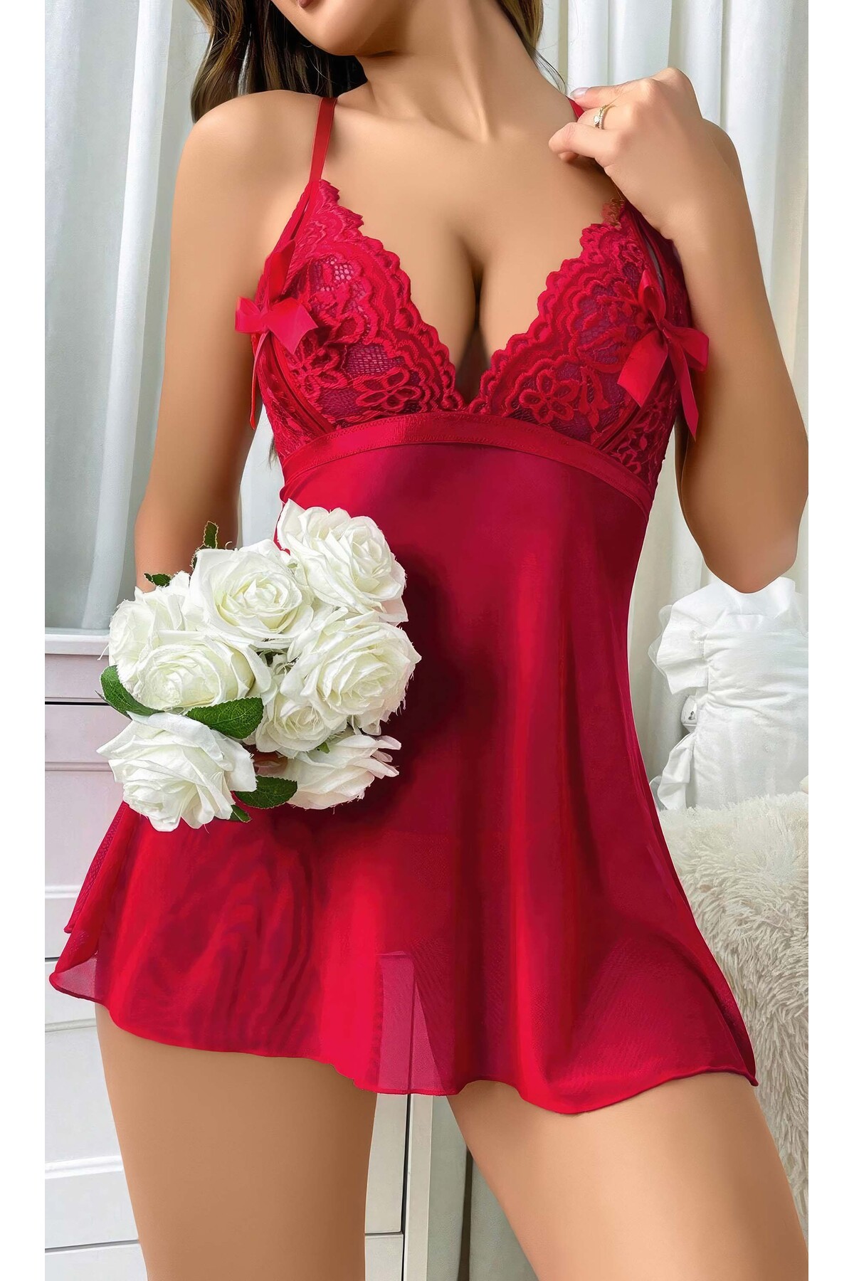Lingeretta Bordo Göğüs Dekolteli Askılı Kısa Tül Gecelik