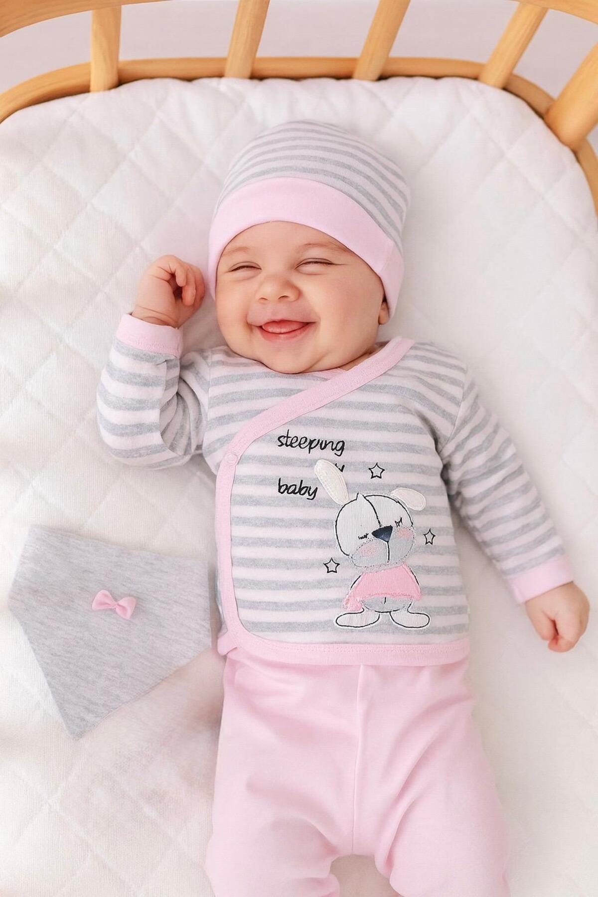 BYS BABY FASHION %100 Pamuklu Yenidoğan Kız Bebek Uyuyan Tavşan Desenli 5 Parça Hastane Çıkış Seti ( Kutulu ) fotoğrafı 4 (önizleme)