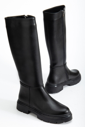 motto store Kadın Siyah Diz Altı Fermuarlı Rahat Çizme