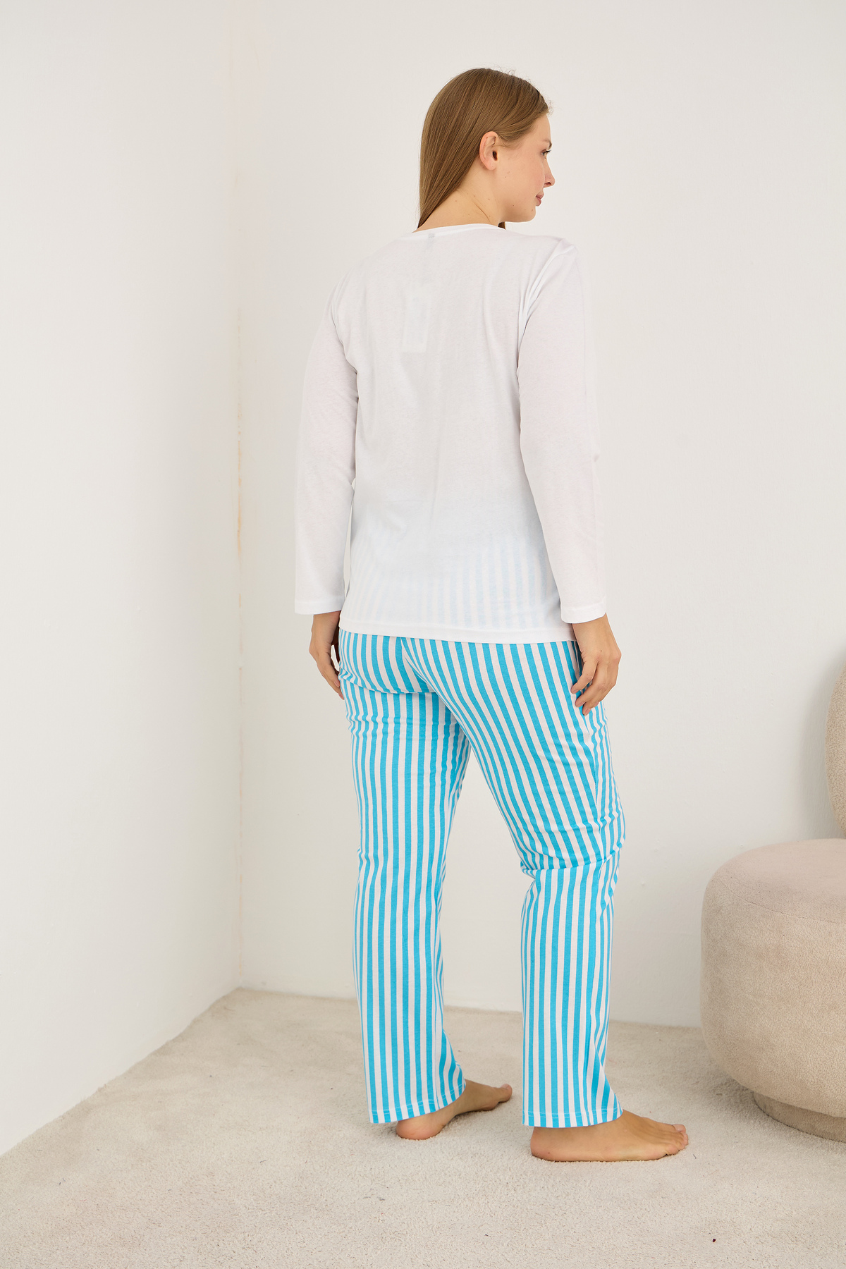 Siyah İnci beyaz mavi çizgi desenli Curve Büyük Beden Battal boy Örme Pamuklu Pijama Takımı7906 görsel 3