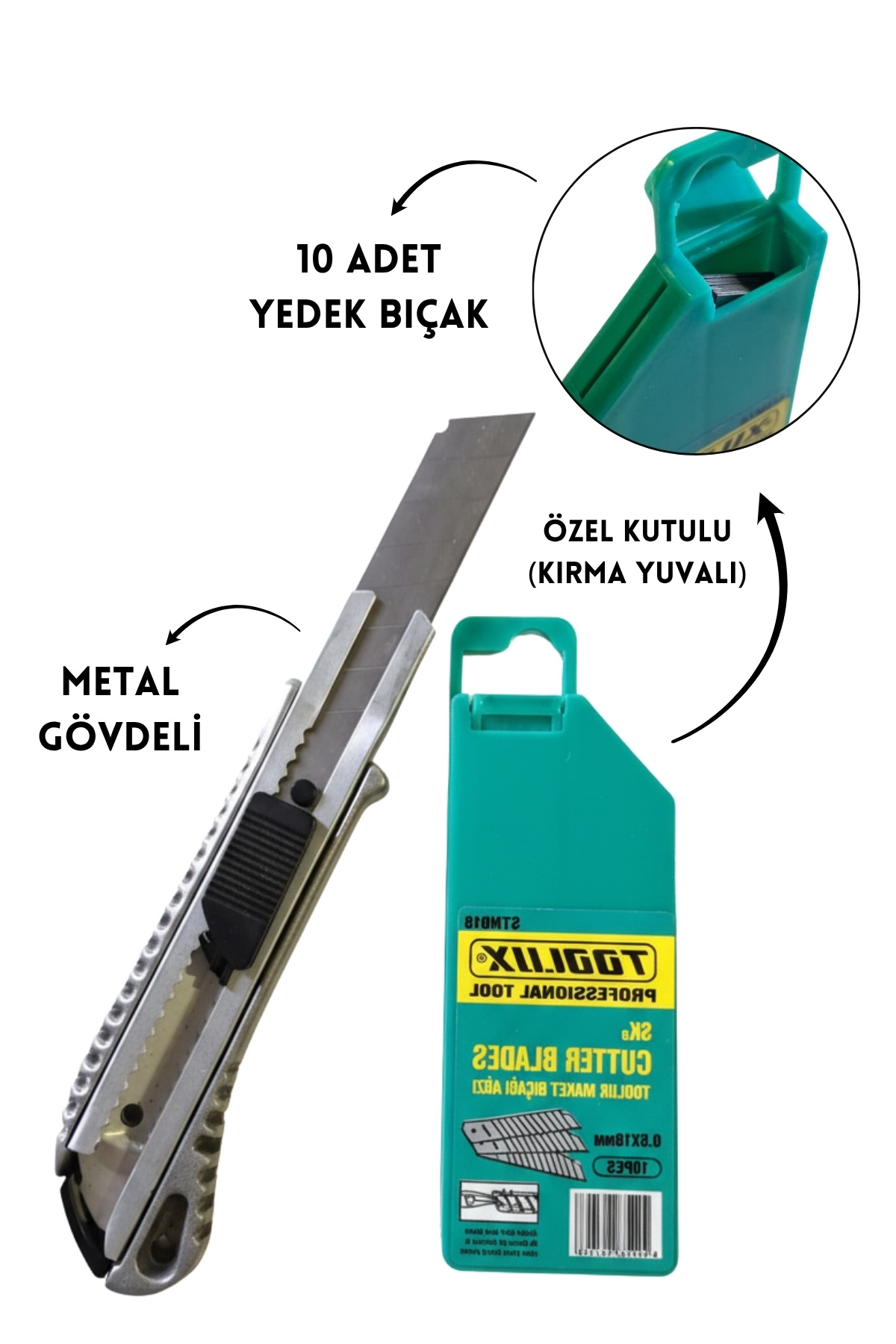 ELDİPA Metal Falçata Maket Bıçağı – 10 Adet Yedek Bıçak Kutulu ve Kırma Uçlu Set - Profesyonel