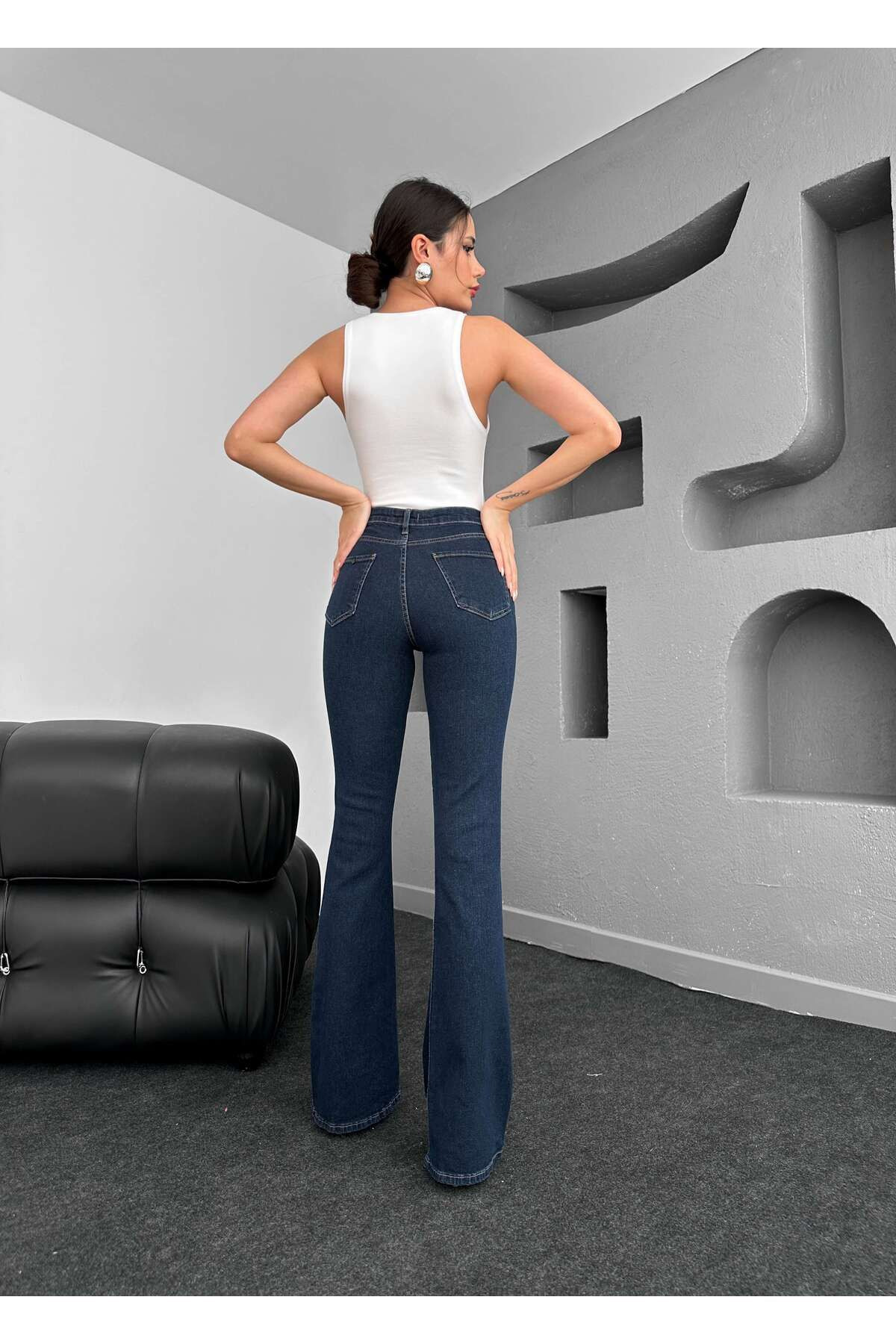 Navy Blue High Waist Flexible Spandex Leg Jeans Flare-97