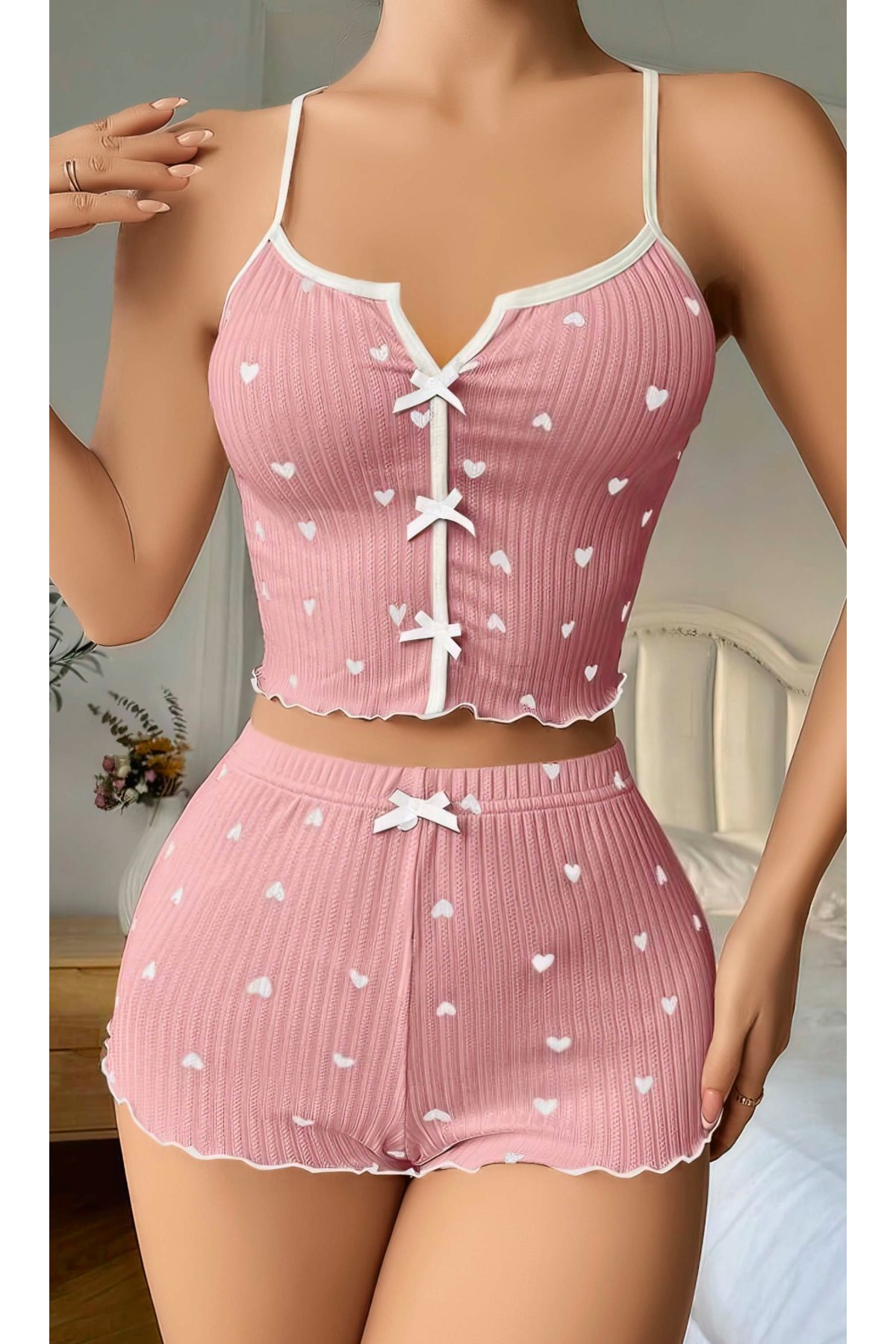 Lingeretta Kadın Gül Kurusu Kalp Desenli Kısa Şort Atlet Gecelik