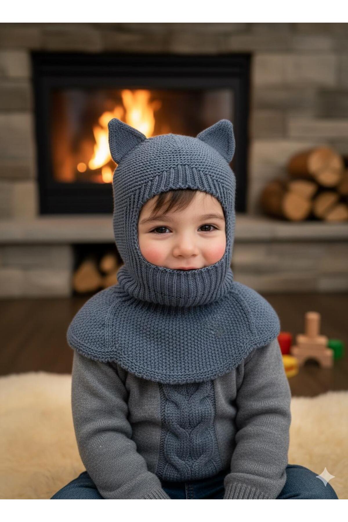 meriç bebe - bütün çocuklar melektir. mrc Kedi Kulaklı Kışlık Balaklava Triko Boyunluklu Bebek Çocuk Şapka Bere Kar Maskesi fotoğrafı 4 (önizleme)