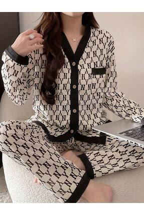 AURASTİL Kadın Uzun Kollu Düğmeli BlackNY Pijama Takımı