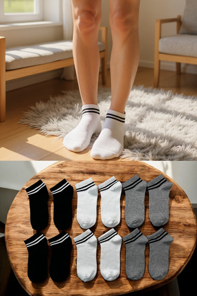 KAYSSOCK Kadın Erkek 10’lu Pamuklu Çizgili Patik Çorap Seti Rahat Nefes Alan ...