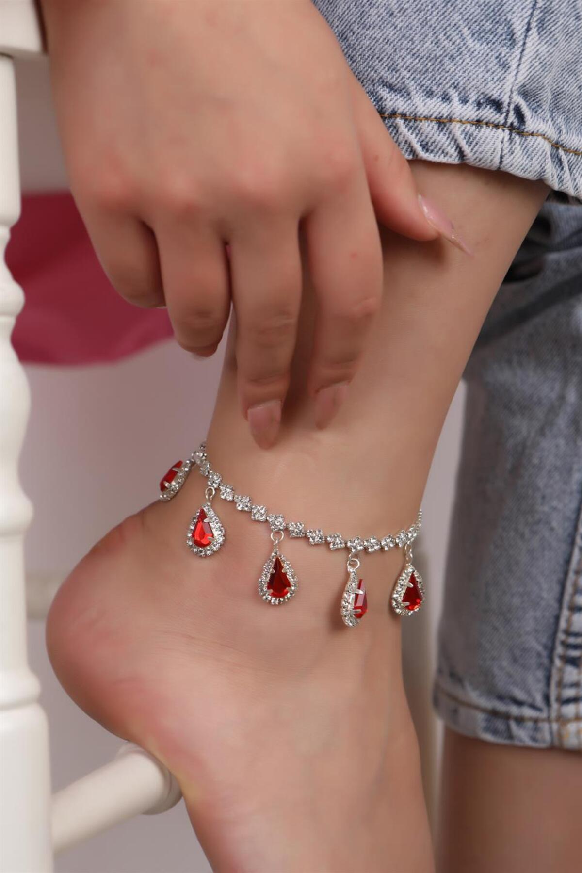 BİJUTERRİ Geometrik Su Yolu Kırmızı Renk Çok Damla Taşlı Trend Sallantılı Halhal Gümüş Kaplama Halhal