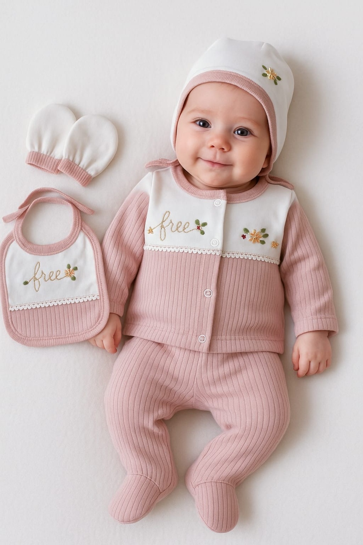 moukou %100 Pamuk Kız Bebek Yeni Doğan 5’li Hastane Çıkış Seti Doğum Hediye Seti fotoğrafı 2 (önizleme)