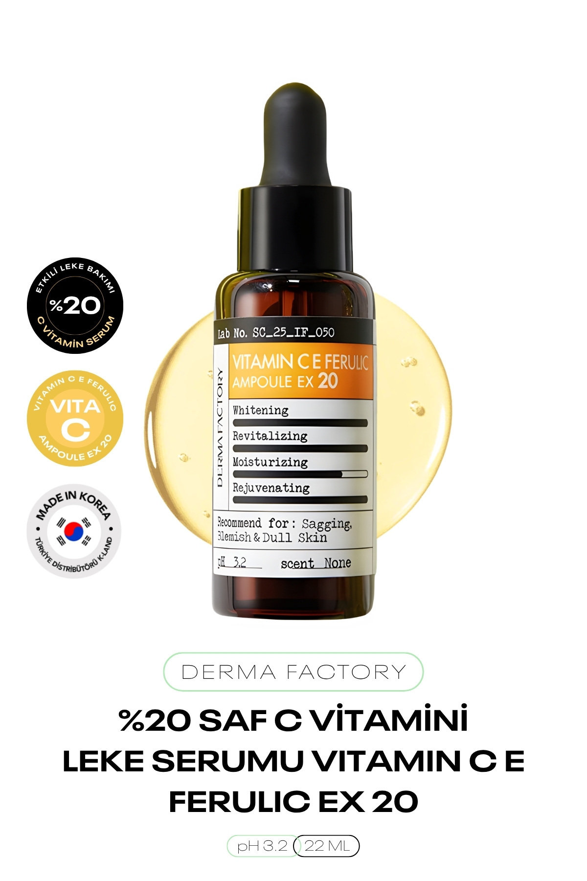 DERMA FACTORY %20 Saf C Vitamini Leke Serumu Vitamin C E Ferulic Ampoule Ex 20