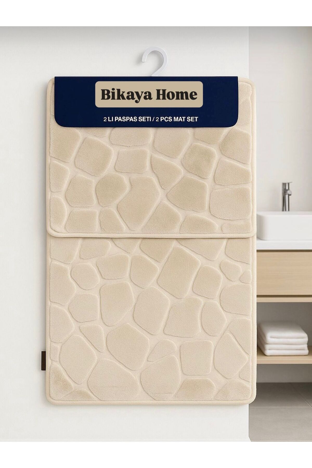 Washable Anti-Slip Dot Base - 2 Pieces Stone Pattern Puffy Toilet Set - 60x100 cm 50x60 cm