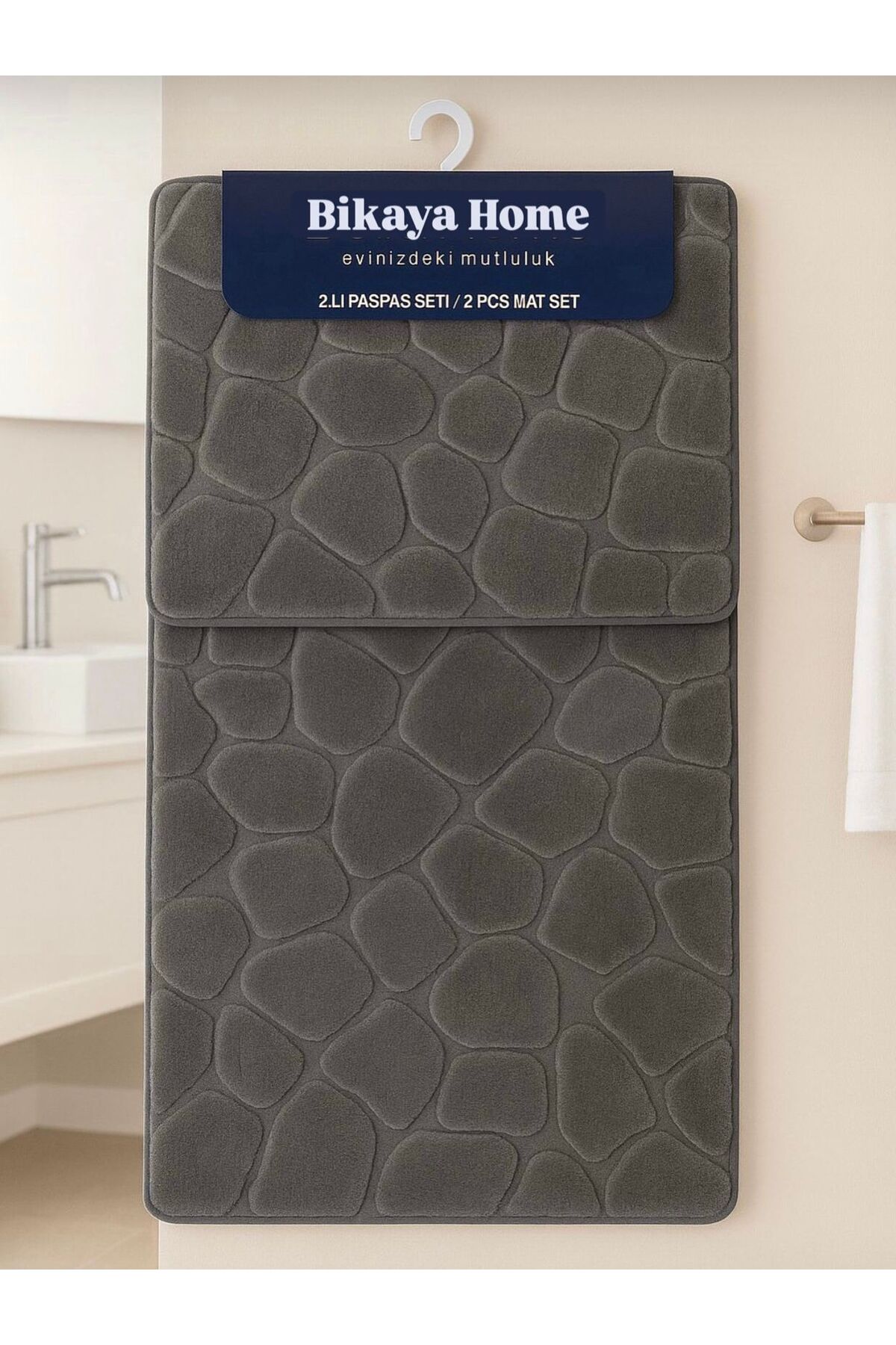 Washable Anti-Slip Dot Base - 2 Pieces Stone Pattern Puffy Toilet Set - 60x100 cm 50x60 cm