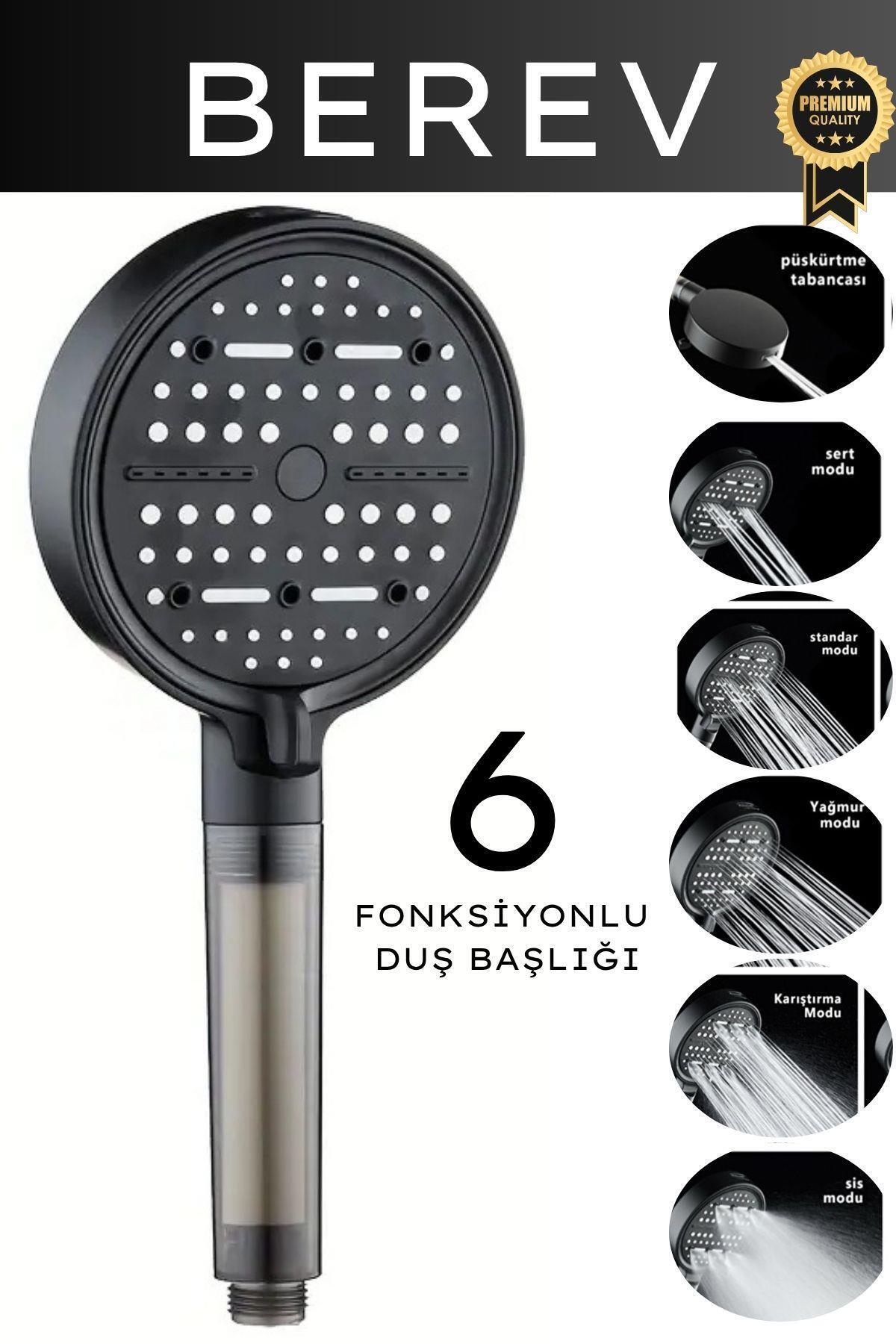 Berev 6 Fonksiyonlu Filtreli Duş Başlığı 150 Cm Siyah Duş Hortumu Su Tasarruflu Basınçlı Kireç Klor Önleyi