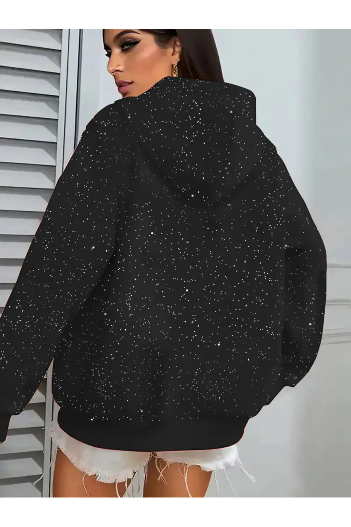 Gofeel  Parıltılı Taş Baskılı Kapüşonlu Oversize 3 İplik Hırka - Görsel 2