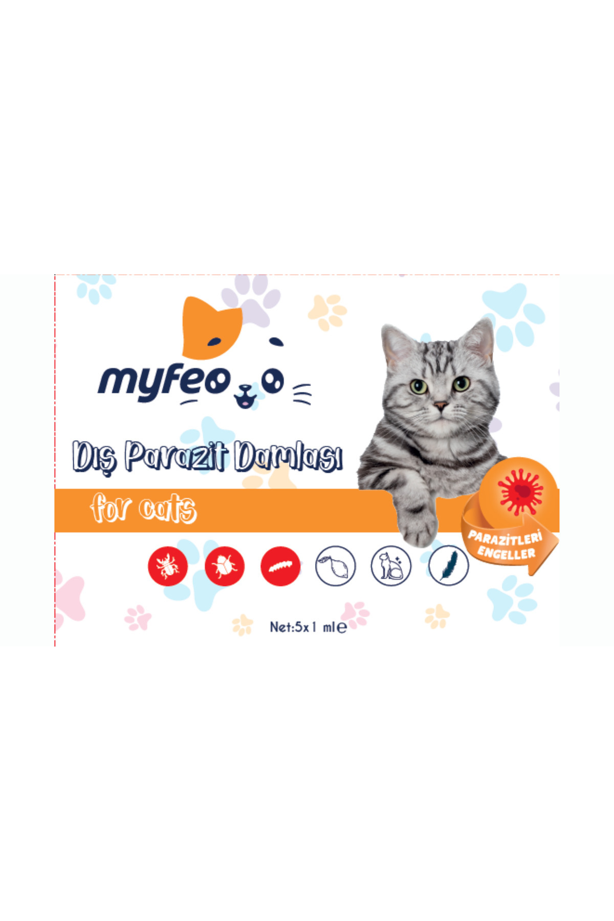 MYFEO Kediler için Dış Parazit Ense Deri Damlası Bitkisel Damla 5x1 ml