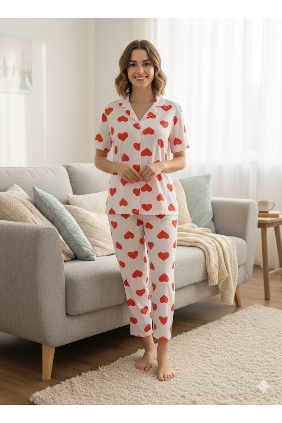 Generic Brands Women's Heart-Detail Buttoned Pajama Set