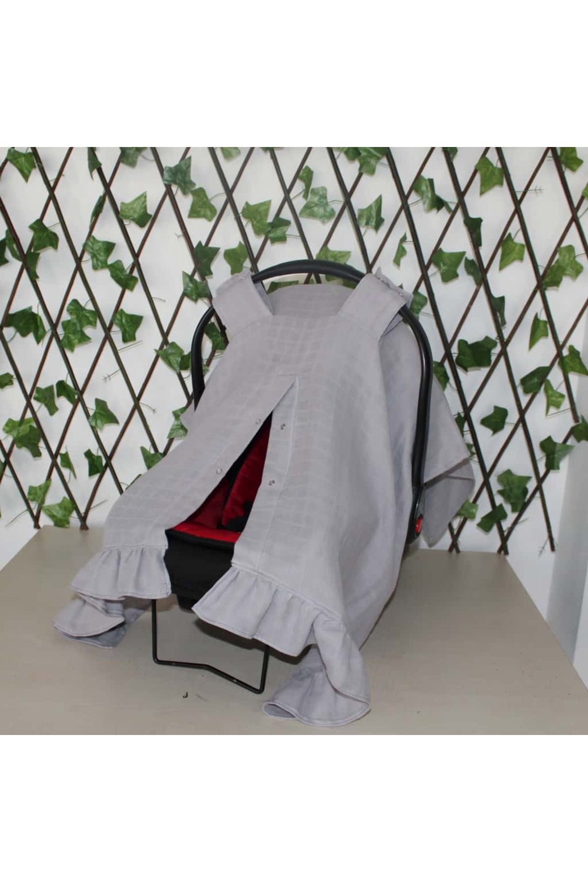 SerSev %100 Pamuk Gri Müslin Kumaş Puset Örtüsü Çıt Çıt ve Fırfır Desenli Gri Puset Örtüsü fotoğrafı 4 (önizleme)