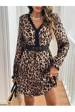 JUST DREAM Kadın Uzun Kollu V Dantel Yakalı Leopar Desenli Modal Mini Elbise