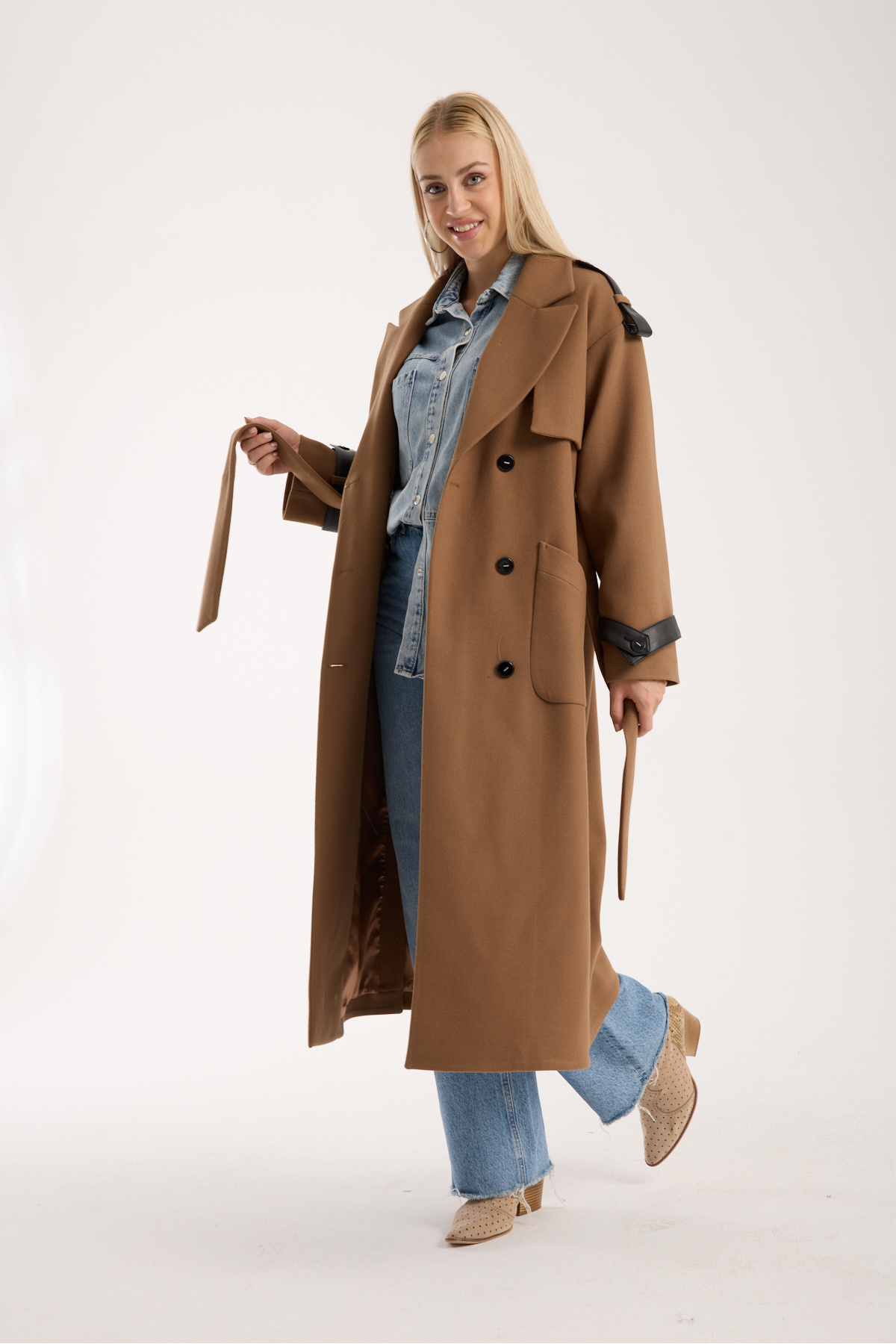 ŞEYDA ERTEM  KAHVERENGİ DERİ DETAYLI YÜNLÜ KAŞE UZUN MANTO - Görsel 9