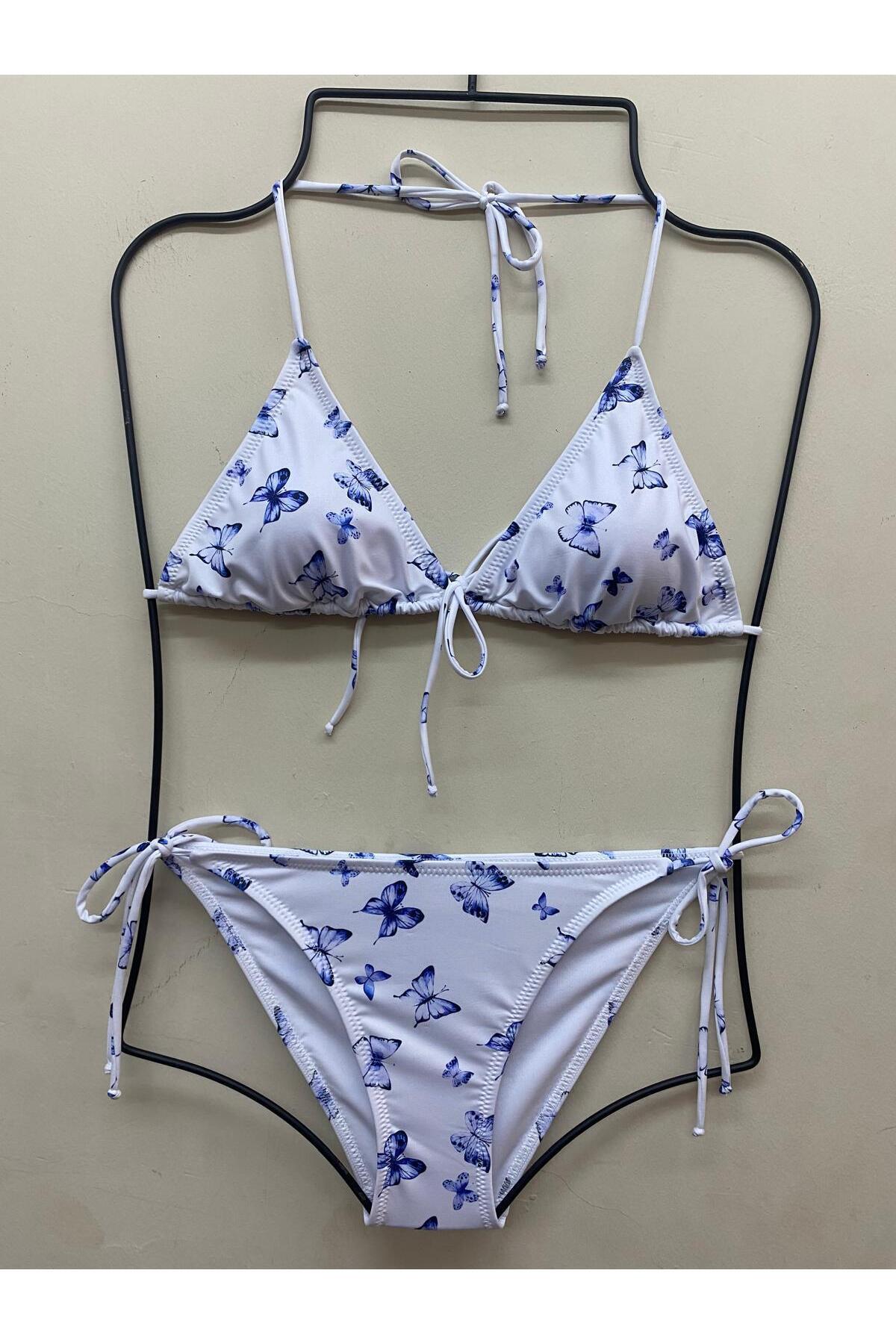 VAJESTO Kadın Beyaz Kelebek Detay Likralı Yandan Boyundan Bağlamalı Şık İpli Üçgen Bikini Takım