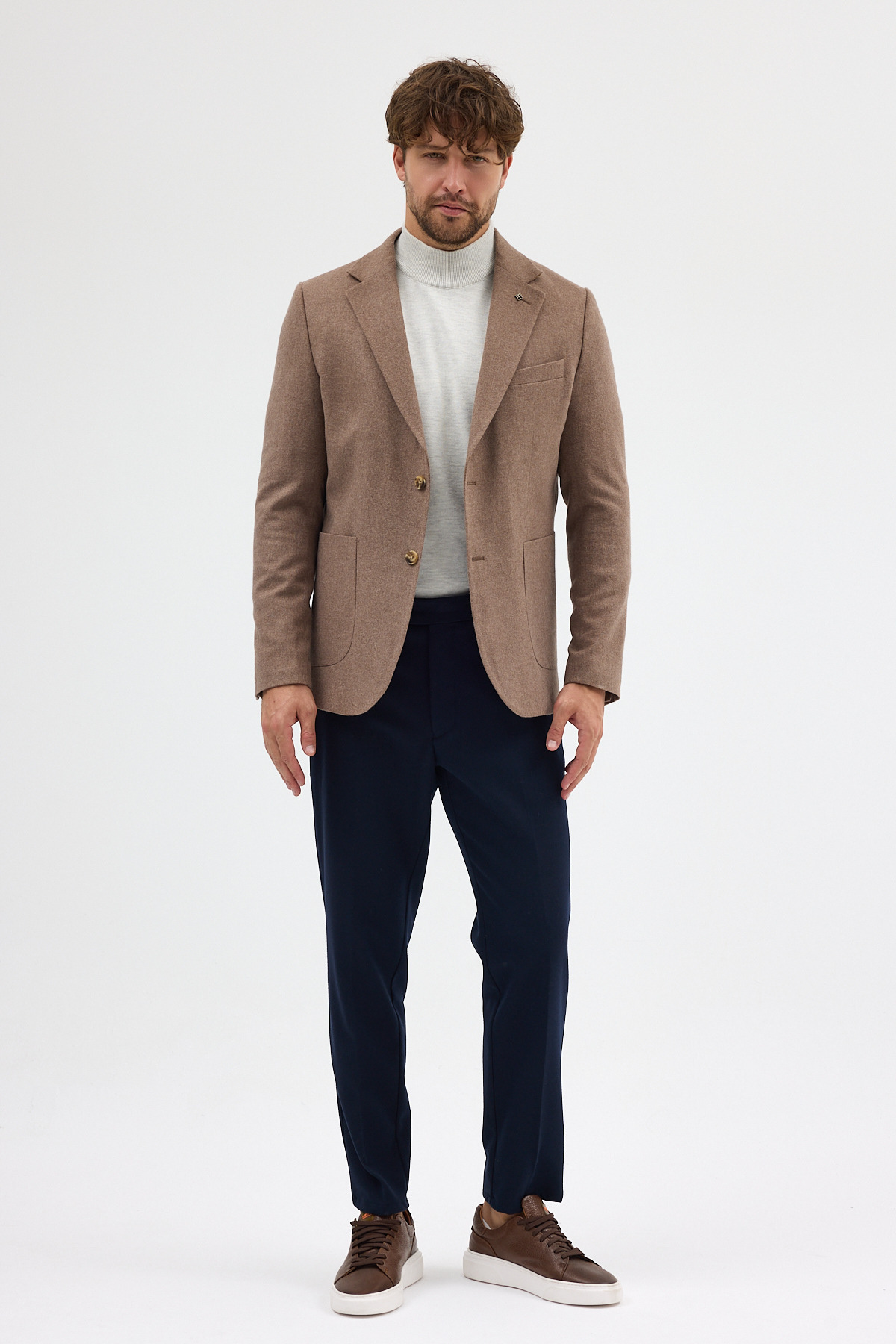 Frappoli  Enrica Erkek Vizon Kaşe Kumaşlı Yarım Astar Torba Cepli Mono Yaka Spor Blazer Ceket - Görsel 5