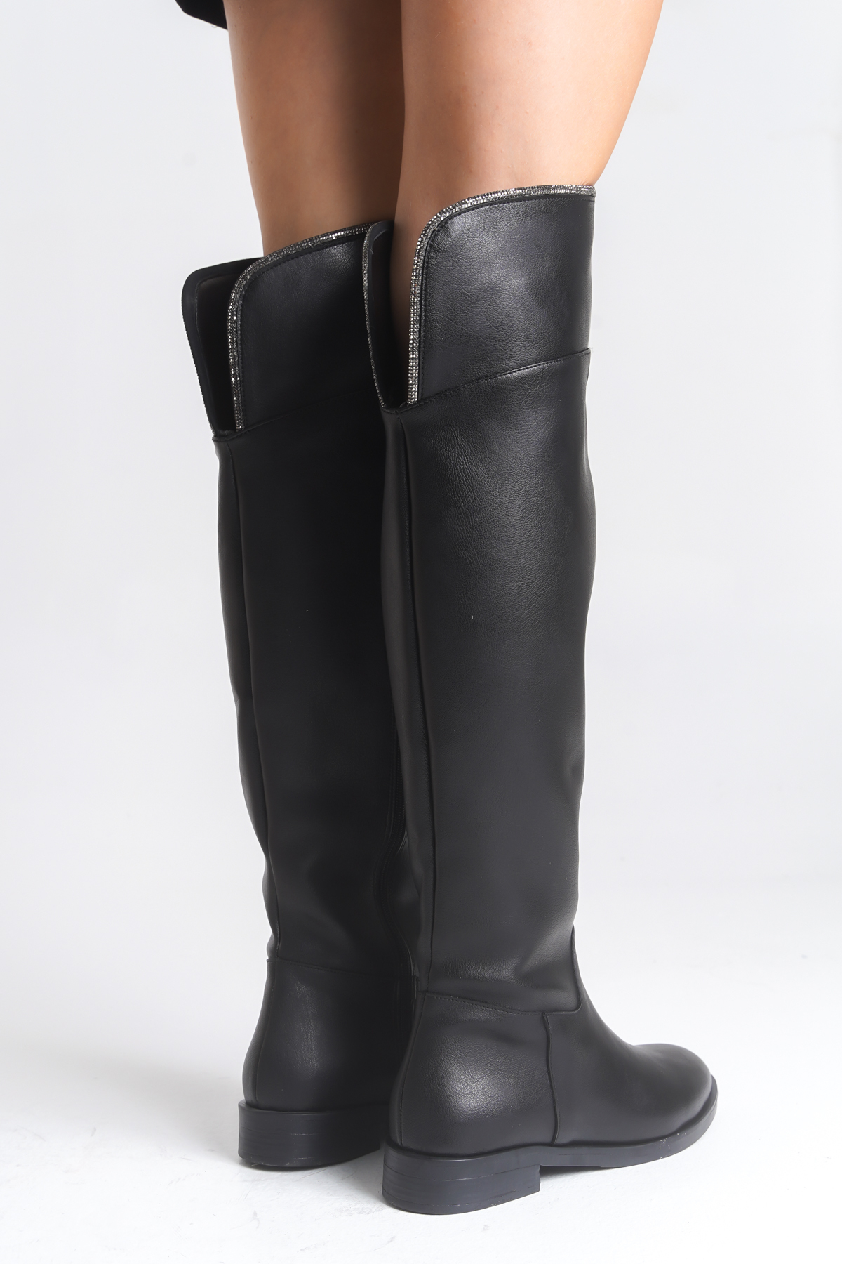 Ayakkabı Delisiyim  Siyah Deri Binici Diz Üstü Kadın Çizme | Kısa Topuklu Kaymaz Taban | Taşlı & Fermuarlı Bihter - Görsel 7