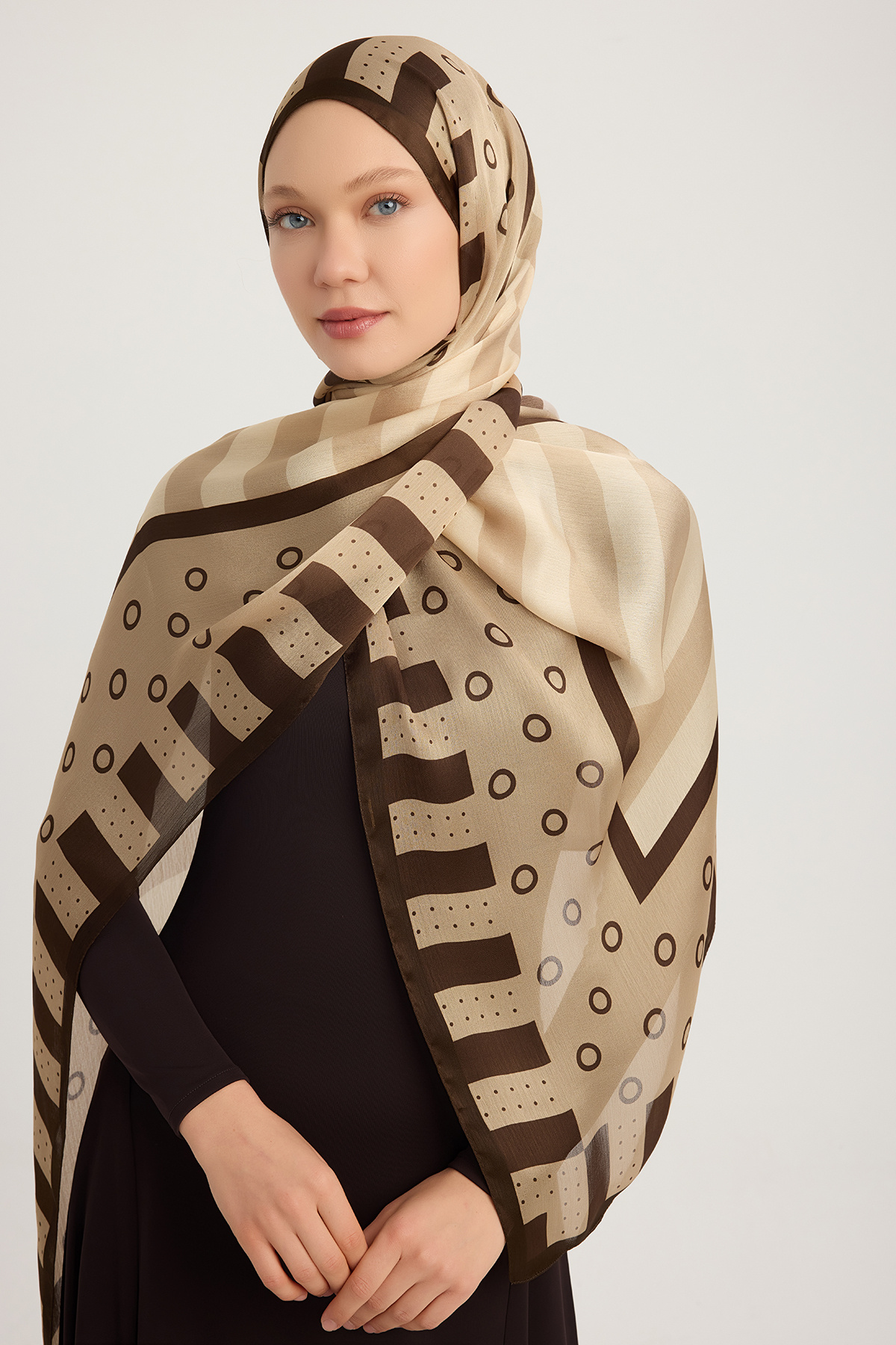 Rhythmic Geometry - Light Brown - Aurora Patterned Janjan Shawl - 70x190 Cm