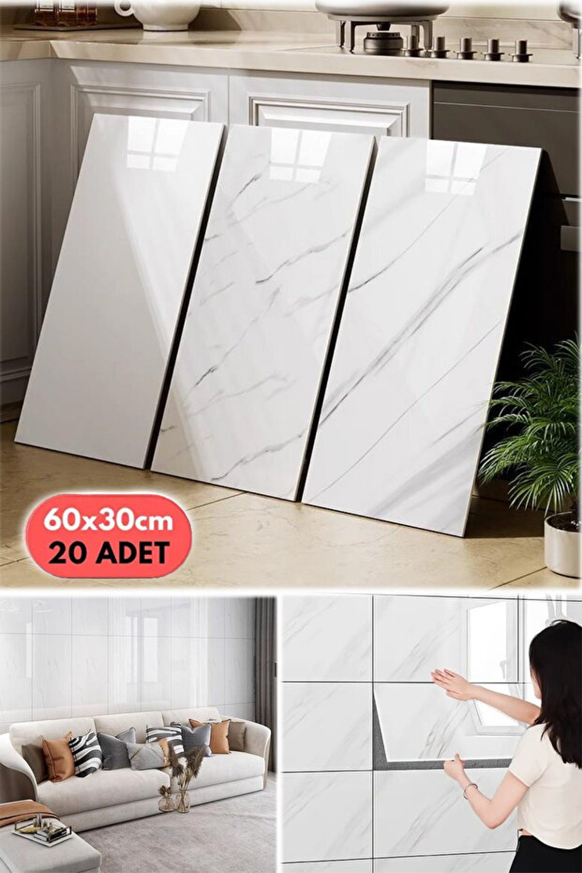 BienHome 20 Parça Beyaz Seramik Fayans Mermer Duvar Kendinden Yapışkanlı Ev Dekorasyonu Banyo Yalıtım Zemin