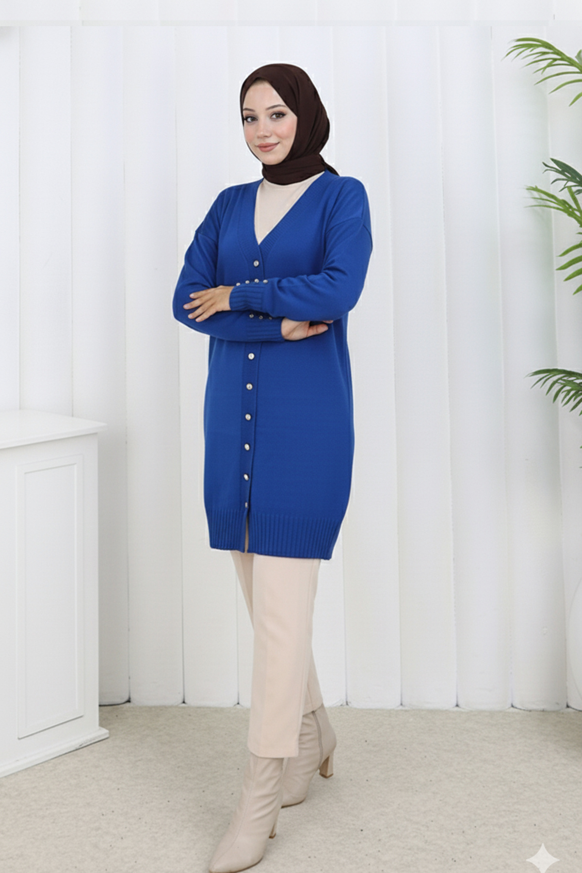 giyze Düğmeli Uzun Merserize Hırka N3176 Saks Mavisi - Fiyatı