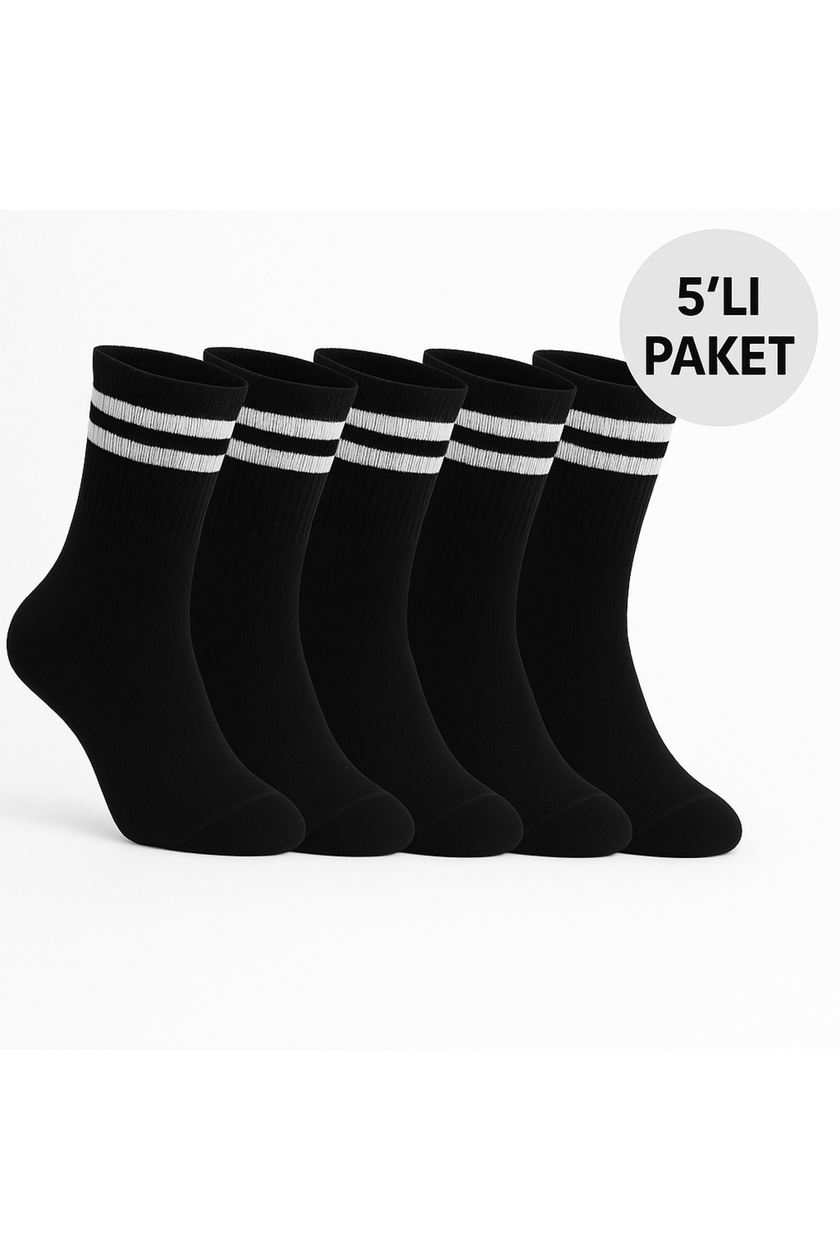 Bestway ve Diğeri 5'li Siyah Spor Çizgili Çorap - Unisex Günlük Rahat Kullanım