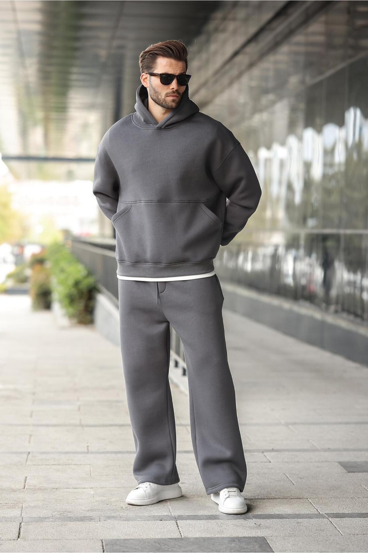 مدمکست لباس ورزشی مردانه جیب دار کانگورو کلاه دار دودی E7338