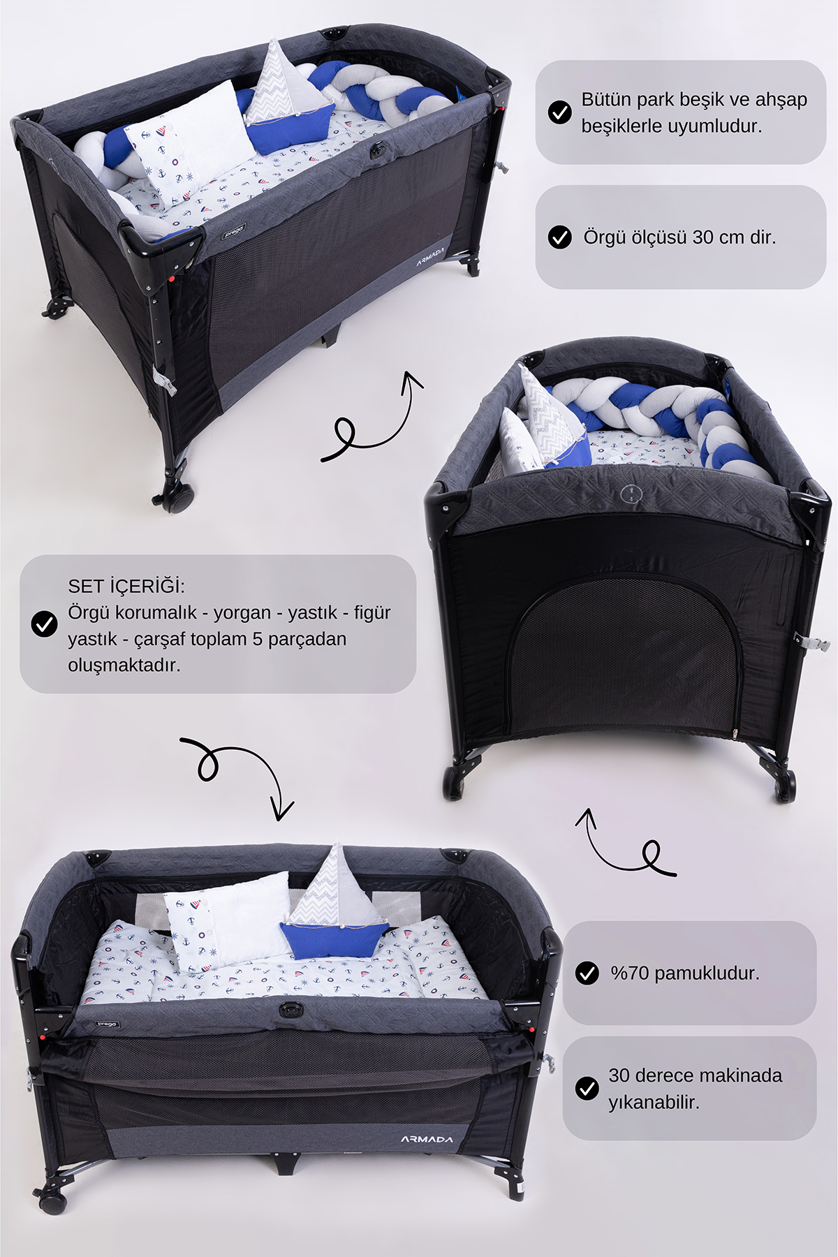 Cozibo Örgülü Park Beşik Uyku Seti Ahşap Örgülü Beşik Seti Tüm Beşiklere Uygun 70x110 70x120 70x130 60x120 fotoğrafı 4 (önizleme)