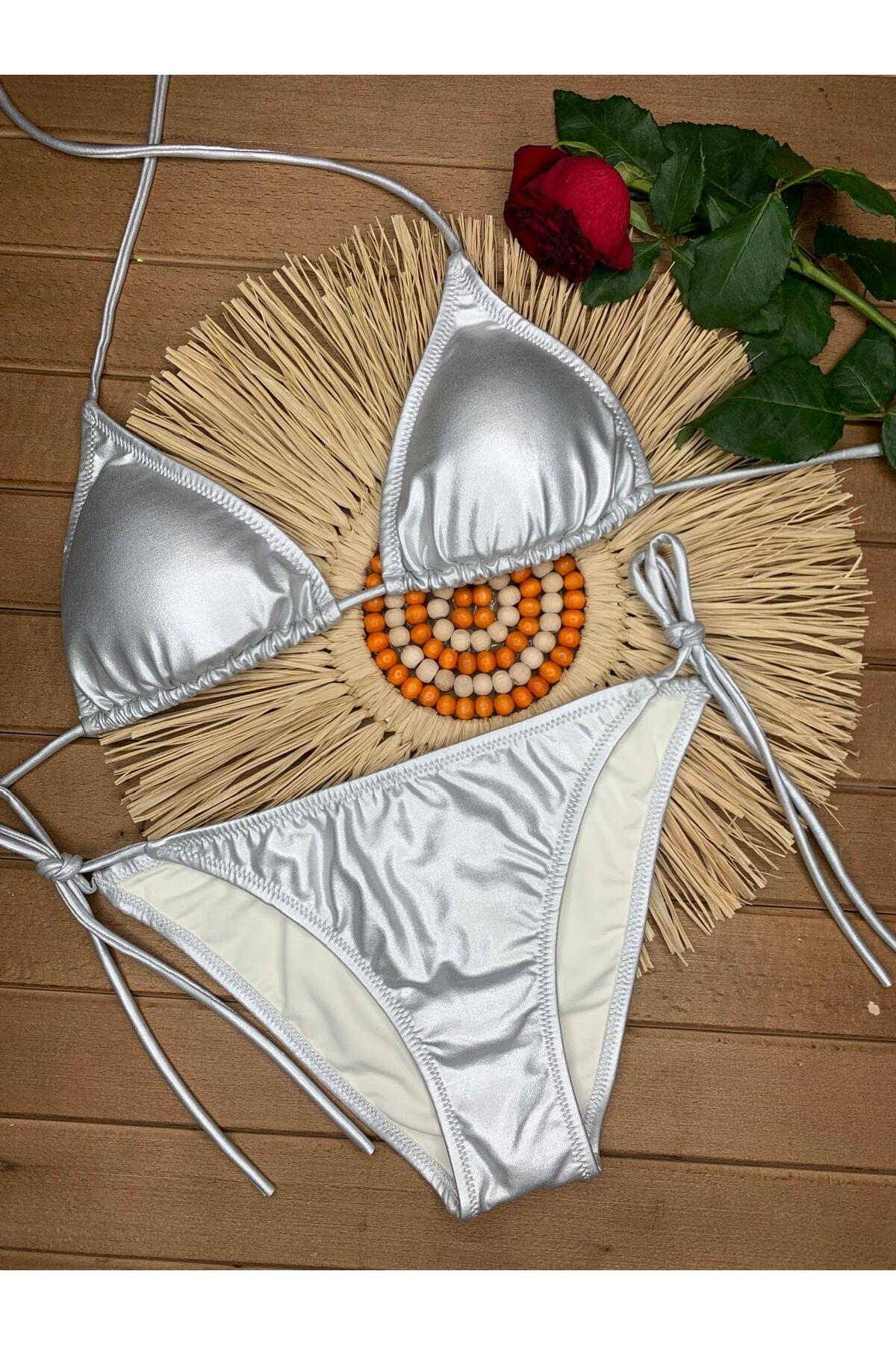 VAJESTO Kadın Gümüş Pamuklu Şık Kaliteli Varaklı Baskı Parlak Bikini Takımı